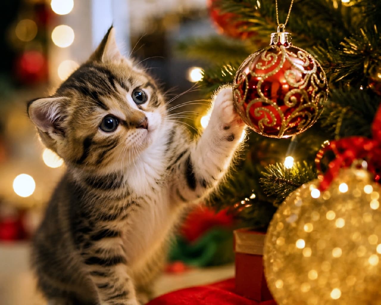 「キラキラしてて綺麗だニャ✨ はじめてのクリスマスに目が釘付けの子猫ちゃん🎄🎁 #はじめてのクリスマス #ホリデー #キジ白 #子猫のいる暮らし #子猫」Ultra-realistic high-quality photograph of an adorable tabby and white kitten reaching out its tiny paw to touch a red ornament on a Christmas tree. Warm bokeh lights create a magical, deeply emotional, and festive holiday atmosphere. 暖かなイルミネーションの玉ボケに包まれたクリスマスツリーの下で、真っ赤で華やかな丸いオーナメントに白い小さな前足をそっと伸ばすキジ白の子猫。キラキラと輝く玉を見つめる魅了されたようなキラキラした瞳が、ホリデーシーズンの魔法のようなひとときと子猫の純真さをエモーショナルに演出