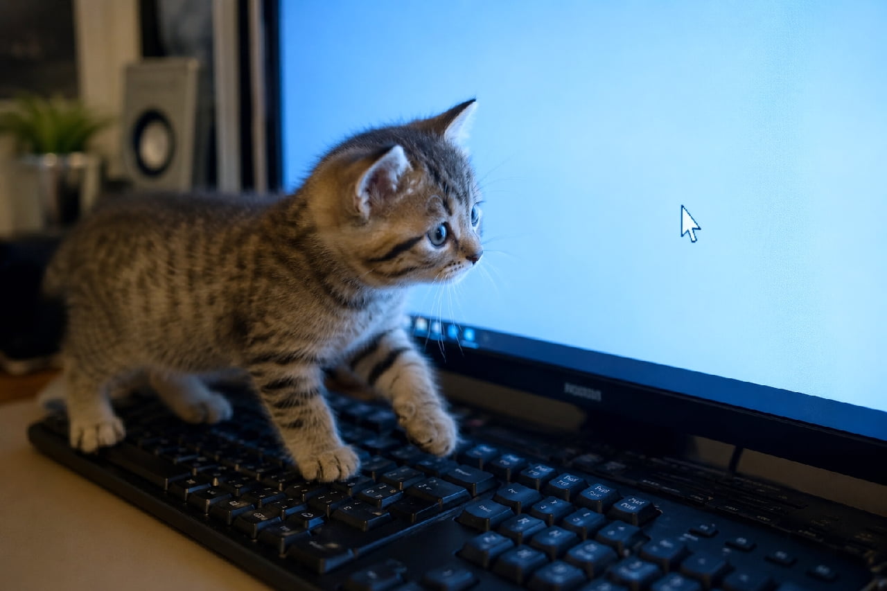 「お仕事はお休みして、私と遊ぶニャ💻🐾 タイピング妨害のプロフェッショナル登場😂 #テレワーク猫 #猫あるある #仕事の邪魔 #子猫のいる暮らし #子猫」Ultra-realistic high-quality photograph of a cute tabby kitten walking across a black computer keyboard. The kitten's blue-gray eyes are intently focused on a white mouse cursor on a bright blue monitor screen, capturing a classic, adorable, and highly relatable "cat interfering with work" moment. 薄暗いデスクの上で、黒いキーボードを大胆に踏みつけながら、青く光るモニター画面の矢印カーソルを真剣なブルーグレーの瞳で見つめるキジトラ子猫。被毛の細かな縞模様が画面の青い光に美しく照らされ、テレワーク中の飼い主の作業を無邪気に邪魔してしまう「猫あるある」な愛らしい情景を描き出しています