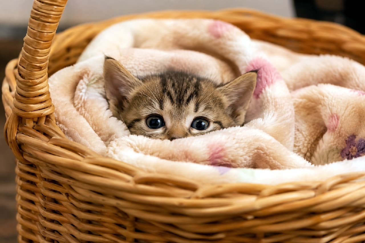 「ぬくぬく毛布から出られないニャン🐈🌸 ずっと見つめていたくなる可愛さ🥺 #子猫 #癒し #冬支度 #猫のいる暮らし」Ultra-realistic high-quality photograph of an adorable brown tabby kitten wrapped in a fluffy pink-patterned blanket inside a wicker basket. Its large, round eyes looking directly at the camera create an extremely comforting and charming image. ナチュラルな籐の編みカゴの中で、ピンクの可愛らしい模様が入ったふわふわの毛布にすっぽりと包まれたキジトラの子猫。顔だけを出してこちらをじっと見つめる黒目がちの潤んだ瞳が、究極の安心感と守ってあげたくなるような愛らしさを表現しています