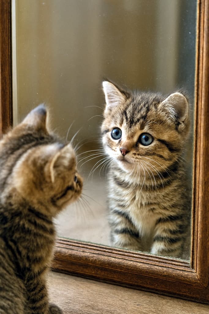 「鏡の中にもうひとりの自分?不思議な出会いに思わず首をかしげる子猫の表情がたまらない!」A tabby kitten with a round head tilts slightly as it gazes at its reflection in a wooden-framed mirror, eyes wide with curiosity and wonder. 丸い頭のトラ猫の子猫が木枠の鏡に映る自分の姿を見つめ、好奇心と不思議そうな表情で首をかしげている