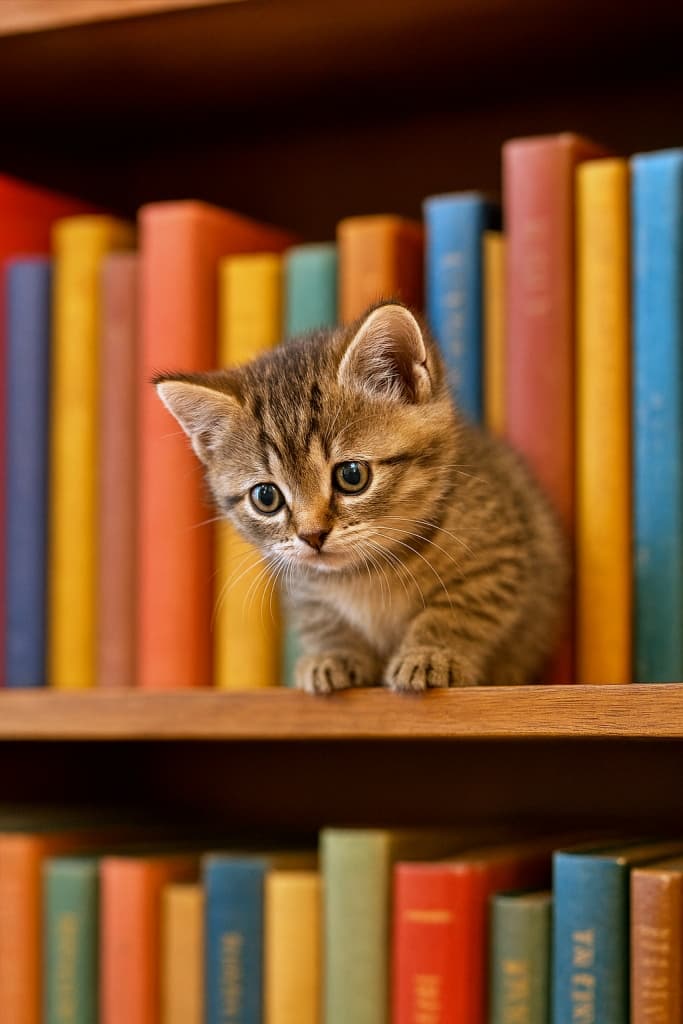「本棚のてっぺんから世界をチェックする小さな探検家のワンシーン」A small fluffy tabby kitten perched on a wooden bookshelf, leaning forward with its round head tilted as it looks down curiously. Colorful books in red, yellow, blue, and green stand behind it, softly lit in a warm, natural atmosphere. 木製の本棚の上に小さなふわふわのキジトラ子猫が乗り、頭を少し傾けながら下を好奇心いっぱいに見つめている。背後には赤・黄・青・緑のカラフルな本が並び、柔らかな自然光が全体を照らしている
