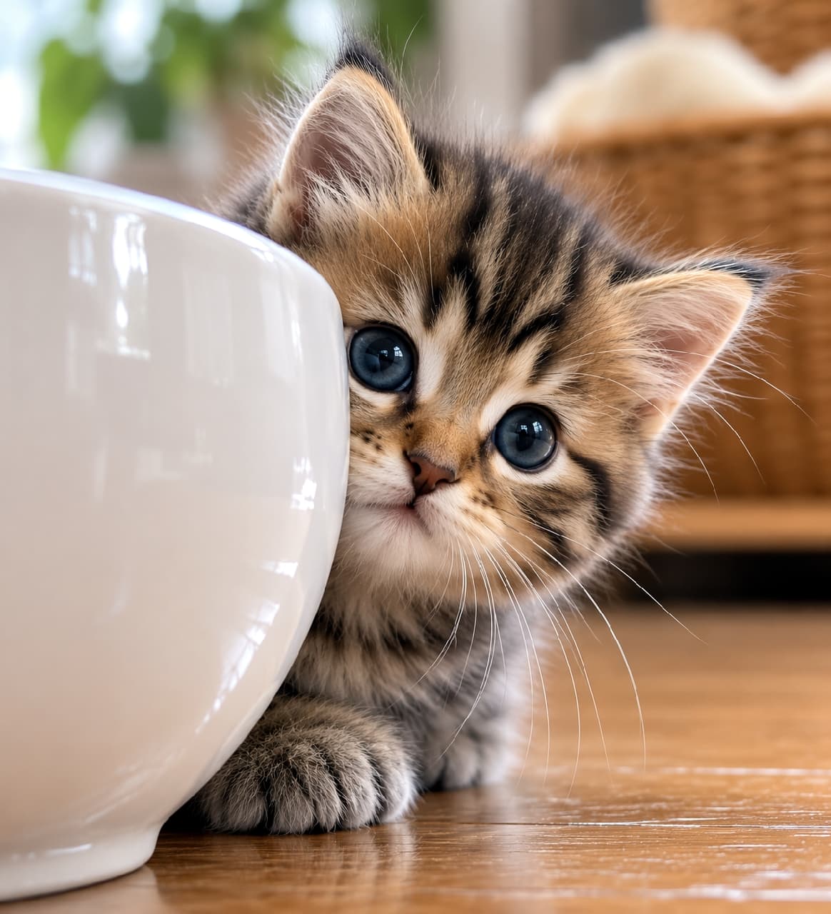 「かくれんぼの天才はっけん！👀✨ お皿の影からこっそり観察されてる…？🍽️🐈 #かくれんぼ猫 #子猫」Ultra-realistic high-quality photograph of a fluffy tabby kitten with large sapphire-blue eyes peeking from behind a large white ceramic bowl on a wooden table, with a warm natural background featuring a wicker basket. 大きな白い陶器のボウル（カップ）の陰から、顔を半分だけ出してこちらをじっと見つめる長毛気味のキジトラ子猫。サファイアブルーの大きな瞳と、背景にボケて写る木製テーブルや籐カゴがナチュラルで温かい雰囲気を醸し出す高画質写真