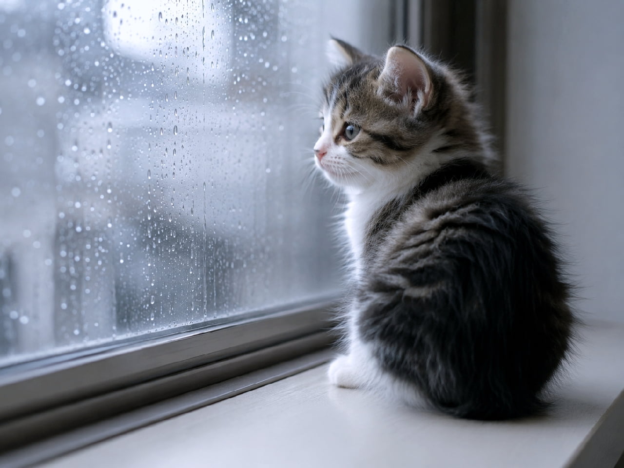 「「雨の日は、お外がちょっぴり不思議に見えるにゃ…」窓辺でお留守番する子猫のエモすぎる横顔にキュン情緒溢れる☔️🐱」An ultra-realistic high-quality photograph of a fluffy long-haired tabby and white kitten sitting on a white windowsill, looking wistfully through a glass window covered in raindrops during a melancholic, overcast day. 窓ガラスに付いた無数の雨粒の向こうを、じっと静かに見つめるノルウェージャンフォレストキャット風の長毛キジ白（ブラウンタビー＆ホワイト）の子猫。白い窓辺に座る美しい横顔と後ろ姿が描かれ、雨の日特有の淡いブルーグレーの光がエモーショナルな雰囲気を演出しています
