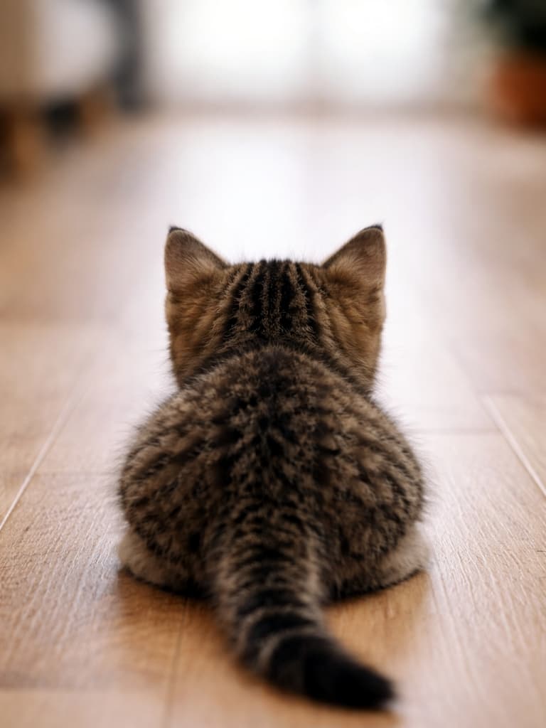 A realistic high-resolution photo taken from directly behind a crouching kitten, focusing on the round back of its head and perked-up ears as it prepares to pounce on an unseen toy. おもちゃに飛びかかる直前、低く身をかがめた子猫を真後ろから捉えた高解像度のリアル写真。丸い後頭部とピンと立った耳に集中した様子が表現されている