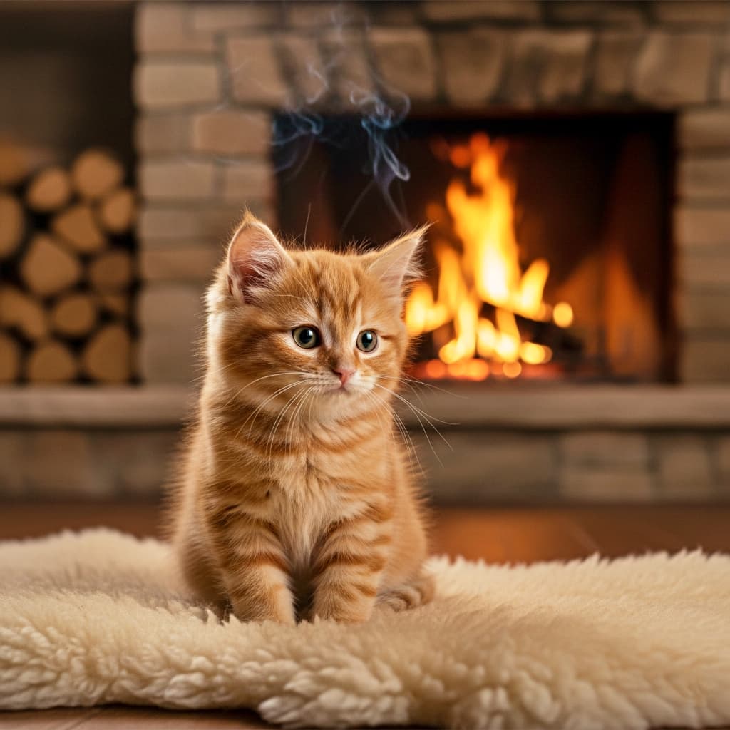 A fluffy orange tabby kitten sits calmly on a cream-colored rug in front of a glowing fireplace. Stacked firewood and soft lighting enhance the warm, tranquil ambiance. ふわふわの茶トラの子猫が、暖かく灯る暖炉の前のクリーム色のラグの上で穏やかに座っている。積まれた薪と柔らかな照明が、温もりと静けさに満ちた空間を演出している