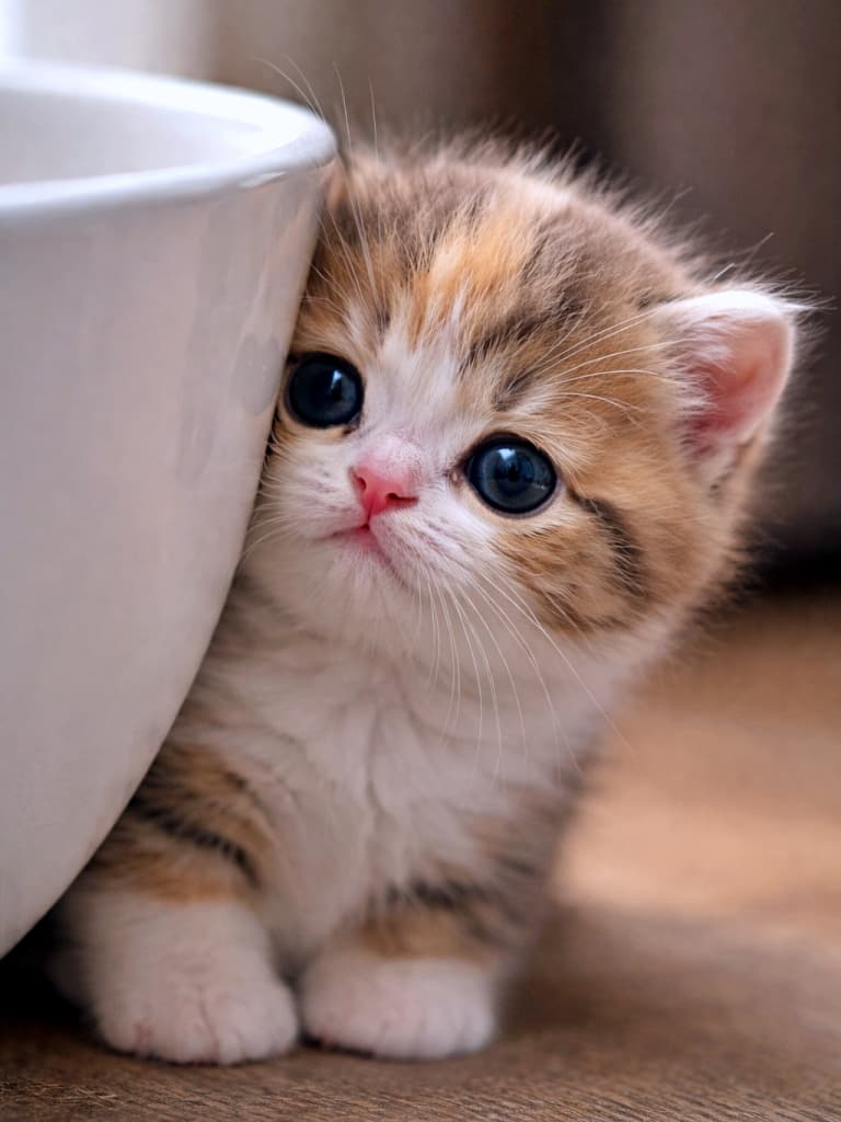 A macro three-quarter view of a tiny kitten peeking out from behind a smooth white ceramic bowl, its round head slightly tilted, with soft side lighting emphasizing the gentle curve of its cheek. 滑らかな白い陶器のボウルの陰から、小さな子猫が顔をのぞかせているマクロの三分の四構図。少し首をかしげた丸い頭と、横からの柔らかな光が頬の曲線を際立たせている