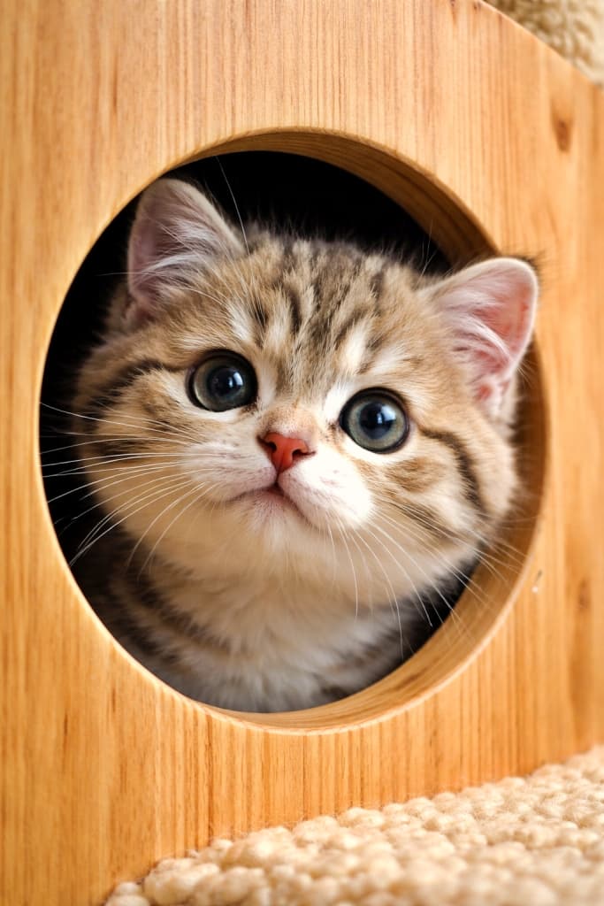 A kitten peeking its round head through a circular hole in a wooden cat tree, photographed from a three-quarter angle, creating a strong 3D pop-out effect against the dark interior. 木製キャットタワーの丸い穴から子猫が顔をのぞかせている様子。3/4アングルで撮影され、暗い内部とのコントラストによって立体的な飛び出し感が強調されている