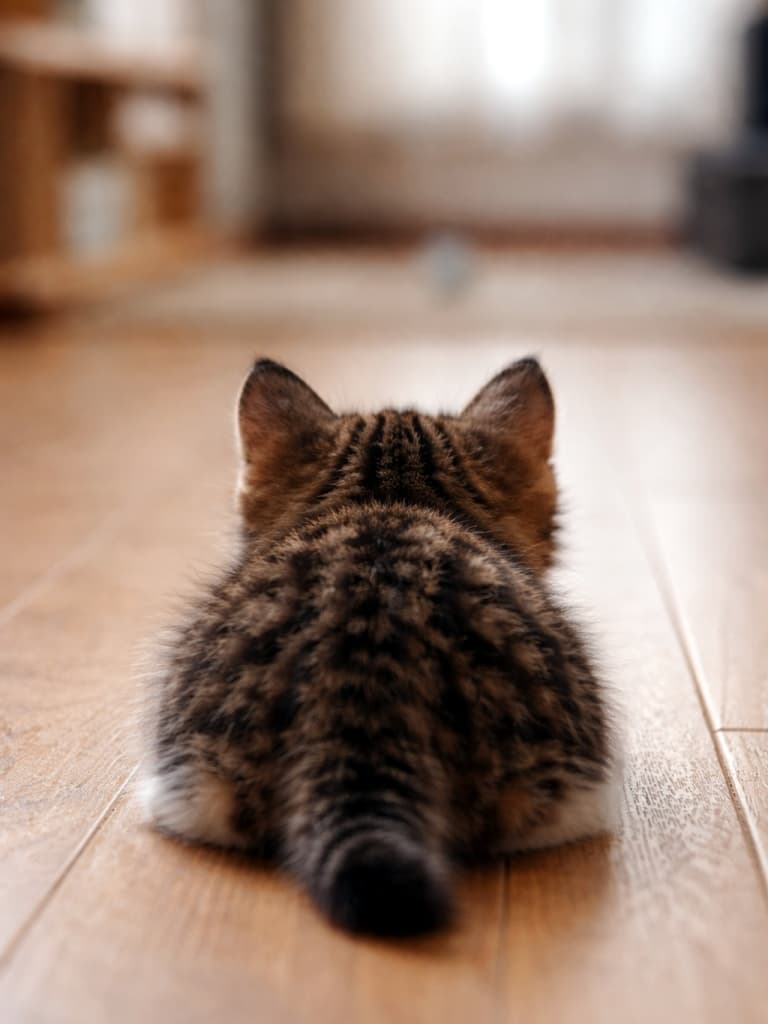 Rear view of a crouching kitten seen from directly behind, ears perked up and body low as it focuses intensely on a toy off-camera, realistic high-resolution photo. おもちゃ(画面外)に狙いを定め、低く身をかがめて構える子猫を真後ろから捉えた写真。丸い後頭部とピンと立った耳に、強い集中力が感じられる高解像度のリアルな写真