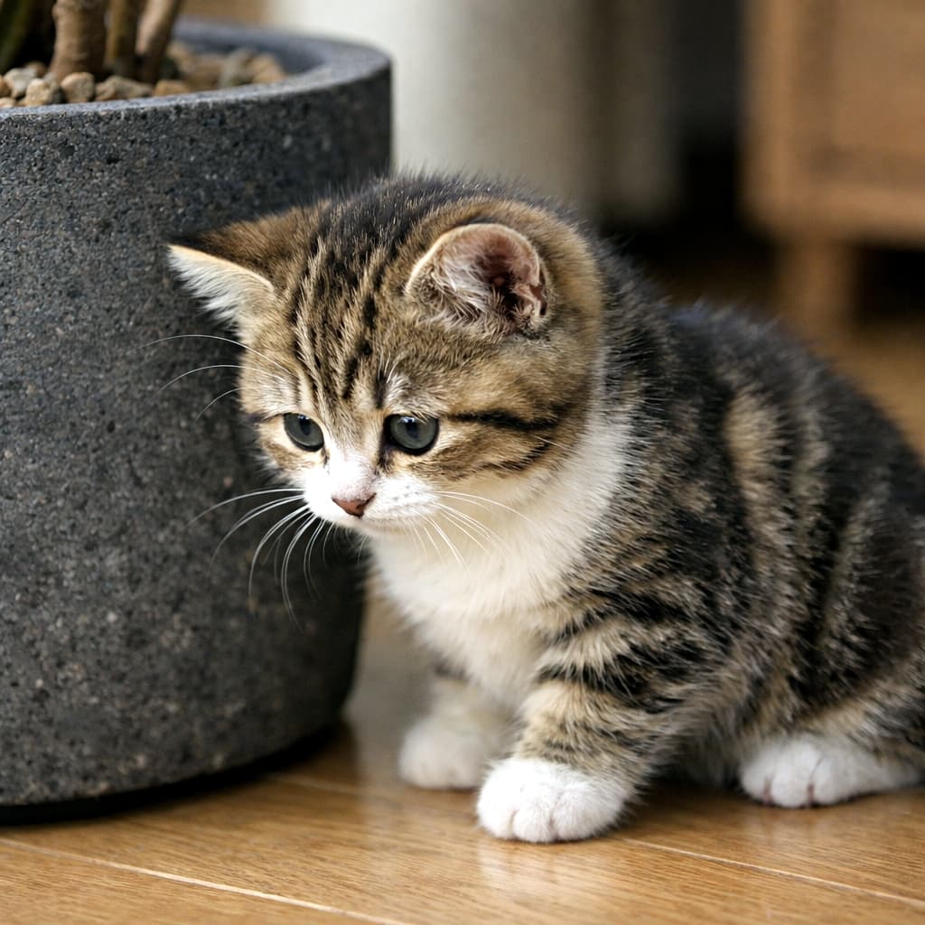 A realistic high-resolution photo of a kitten pausing beside a large indoor planter, its body angled slightly away from the camera while its head is turned in a three-quarter view, curiously looking at something on the floor. 大きな室内プランターのそばで立ち止まり、体はややカメラから離れた角度のまま、頭を三分の二ほどこちらに向けて床の何かを興味深そうに見つめる子猫のリアルな高解像度写真