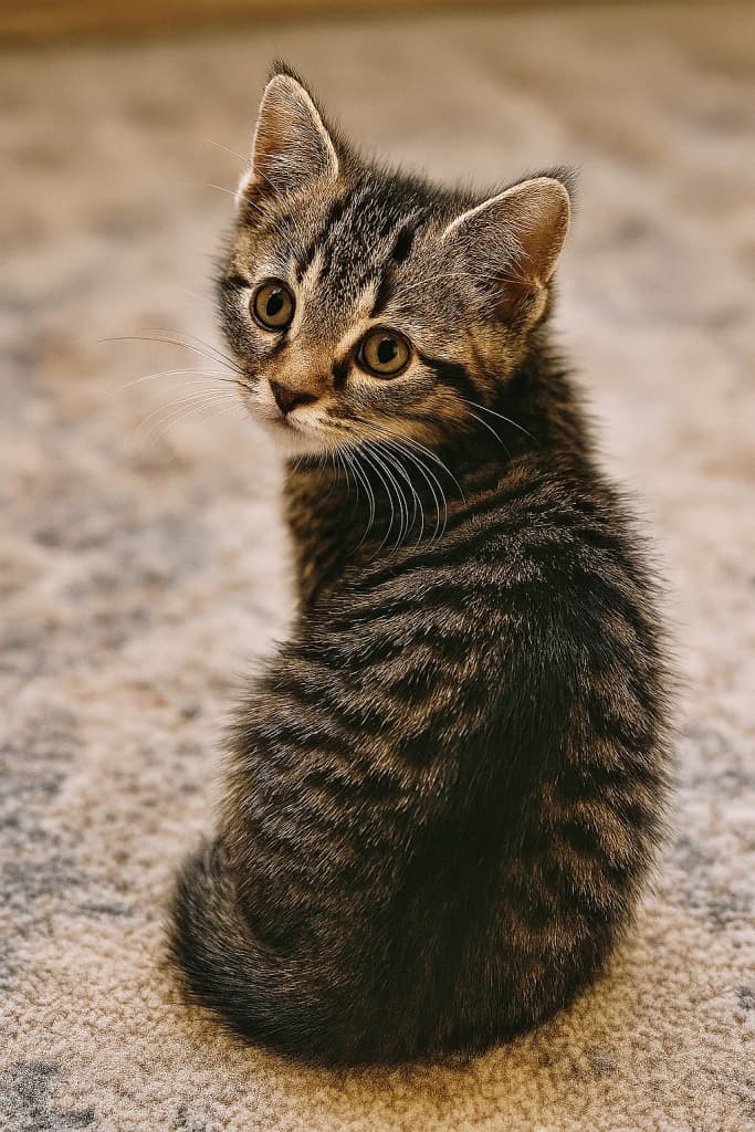 A tabby kitten sits on a textured rug with its back mostly to the camera, turning its round head over its shoulder to gaze at the viewer with wide, curious eyes. The soft lighting highlights the smooth curve from ear to chin and the plush fur detail. キジトラの子猫がラグの上に座り、背中を向けたまま丸い頭をくるりと回して好奇心いっぱいの目でこちらを見つめている。耳からあごにかけての滑らかな曲線とふわふわの毛並みが柔らかな光に映えている