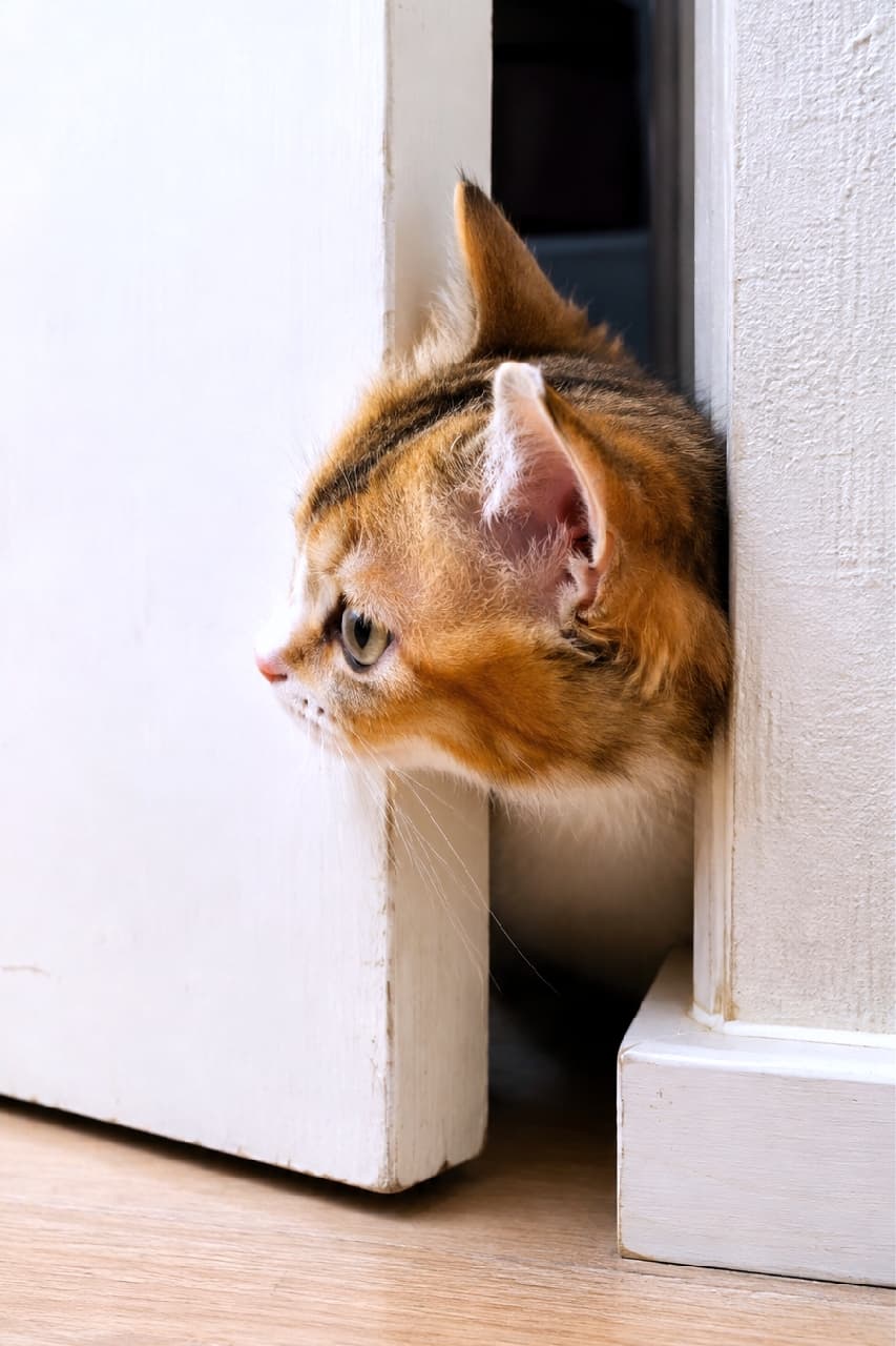 「ここを通るニャ…！🐾ドアのすき間から必死に覗く小さなお顔にキュンキュンが止まらないニャ〜✨ #子猫 #茶トラ #猫の日常 #癒やし #ひょっこり猫 #猫のいる暮らし」An ultra-realistic high-quality vertical photograph of an orange tabby and white kitten poking its head sideways through a slightly ajar white door. The image captures its pink nose, focused profile, upright ears, and soft fluffy fur against a clean white wall and light wood floor. クリーンな印象の白いドアと壁の隙間から、頭を横に傾けて一生懸命顔を覗かせる茶トラ白の愛らしい子猫。ピンクの鼻先と大きな瞳、ふんわりとしたオレンジと白の毛並みが際立ち、明るいフローリングと柔らかな自然光が清潔感あふれるほのぼのとした室内空間を演出