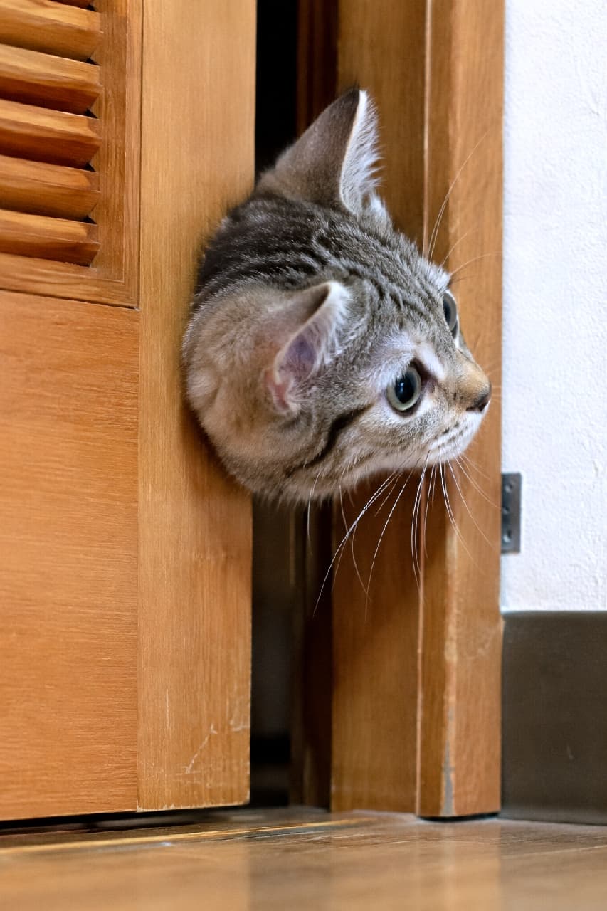 「「ねえねえ、なにしてるの〜？🐾」ドアの隙間からひょっこり！首をかしげた姿が可愛すぎてキュン死確定ニャ💕 #猫 #子猫 #キジトラ #ひょっこり猫 #猫のいる暮らし」An ultra-realistic high-quality vertical photograph of a silver tabby kitten squeezing its head through a narrow gap in a wooden louvered door. The kitten turns its head sideways, showing its detailed profile, rounded back of head, upright ears, and curious eyes under soft indoor lighting. 温かみのある木製ルーバードアのわずかな隙間から、頭を真横に傾けてひょっこりと顔を出す短毛種のキジトラ（シルバータビー、推測）の子猫。丸みのある後頭部とピンと立った耳、隙間から見える大きな澄んだ瞳と白い髭が印象的で、自然な木目の扉と室内の柔らかな光が子猫の好奇心あふれる表情を惹き立てています