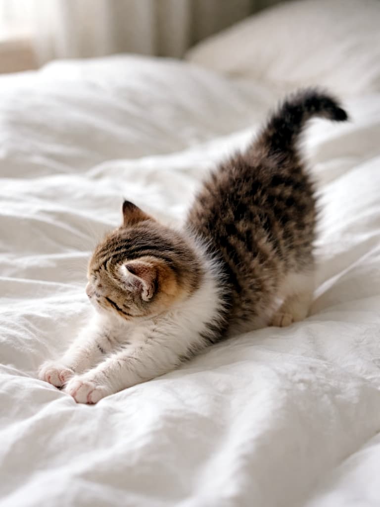 「顔を見せないのに可愛い」A sleepy kitten stretching on a bed, captured from a slightly high three-quarter angle, with its back arched and its round head turned away, showing the gentle curve of its neck andベッドの上で眠たそうに伸びをする子猫。やや高めの斜め三方向から撮影され、背中を丸く反らし、丸い頭をこちらに向けず、首筋から後頭部にかけての柔らかな曲線が際立っている the back of its head.