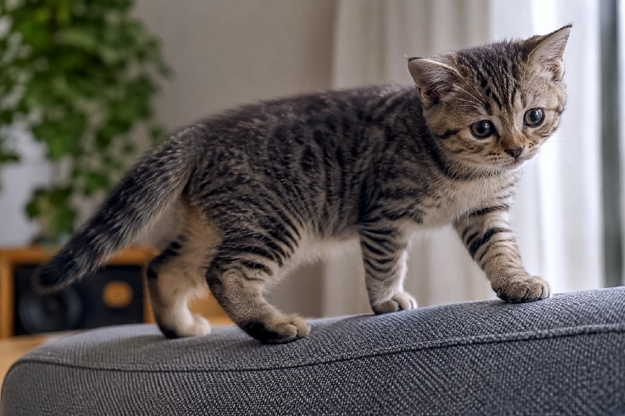 「ソファの上をトコトコ…🐾 子猫にとっては、リビングのすべてが大冒険のステージなんだにゃソファーの上の冒険家🦁✨」An ultra-realistic high-quality photograph side view of a beautifully striped tabby kitten walking carefully and precisely along the top ridge of a modern grey fabric sofa in a sunlit living room. シックなグレーの織物調ソファーの背もたれの上を、四肢でしっかりとバランスを取りながら慎重に歩くアメリカンショートヘア風のブラウンタビーの子猫。真横からの構図で、背景にはリビングの観葉植物や白いカーテンが美しくボケて写っています