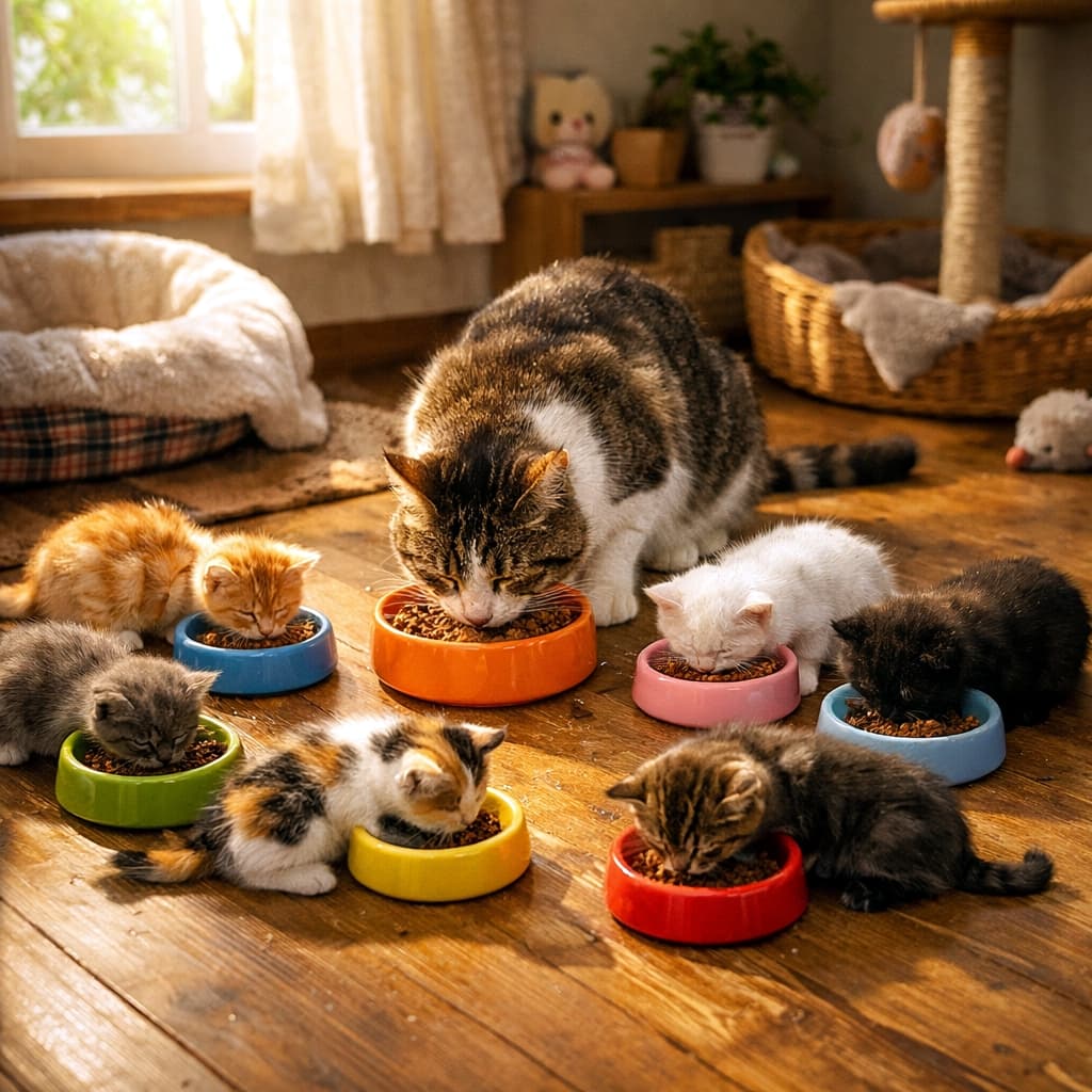 「大人猫と子猫たちが囲む、色とりどりのごはんタイム🐾 ふわふわな毛並みと自然光に癒やされる💕」A heartwarming indoor scene on a wooden floor where an adult tabby and white cat is joined by seven kittens of various colors (ginger, tabby, calico, white, black) gathered around colorful bowls (orange, blue, green, yellow, pink, red) enjoying a meal, bathed in soft, natural sunlight from a window. 木製のフローリングの上で、中央に座る大人猫（キジ白）と、その周りを囲む7匹の様々な毛色の子猫たち（茶、キジトラ、三毛、白、黒）が、窓からの柔らかな自然光を浴びながら、色とりどりのボウル（オレンジ、青、緑、黄、ピンク、赤）から並んで食事を楽しんでいる、心温まる居心地の良い部屋の風景