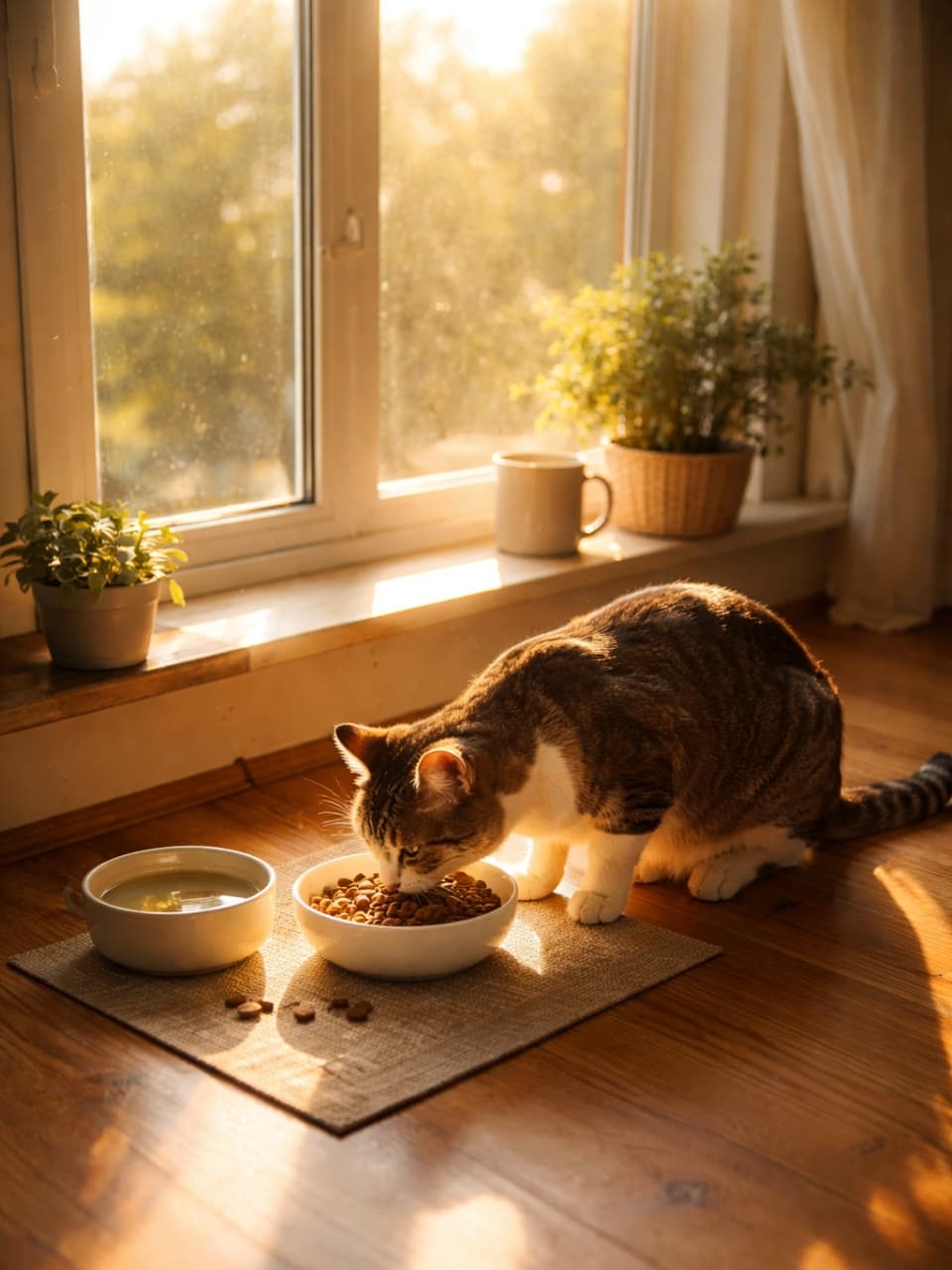 「お日様の光を浴びながら、朝からモリモリご飯タイム🐈✨最高の目覚めだニャ🐾」Ultra-realistic high-quality photograph. A brown tabby and white cat is enjoying dry food from a white bowl on a wooden floor in a cozy room, bathed in warm, golden sunlight from a window. Next to it is a soup bowl and a burlap mat. Potted plants and a mug sit on the windowsill in the background. 太陽の暖かな光が差し込む窓辺で、キジトラ白猫が木の床に置かれた白いボウルからドライフードを夢中で食べています。横にはスープが入ったボウルと麻のマット、後ろには観葉植物とマグカップが置かれ、心地よい朝の風景が描かれています