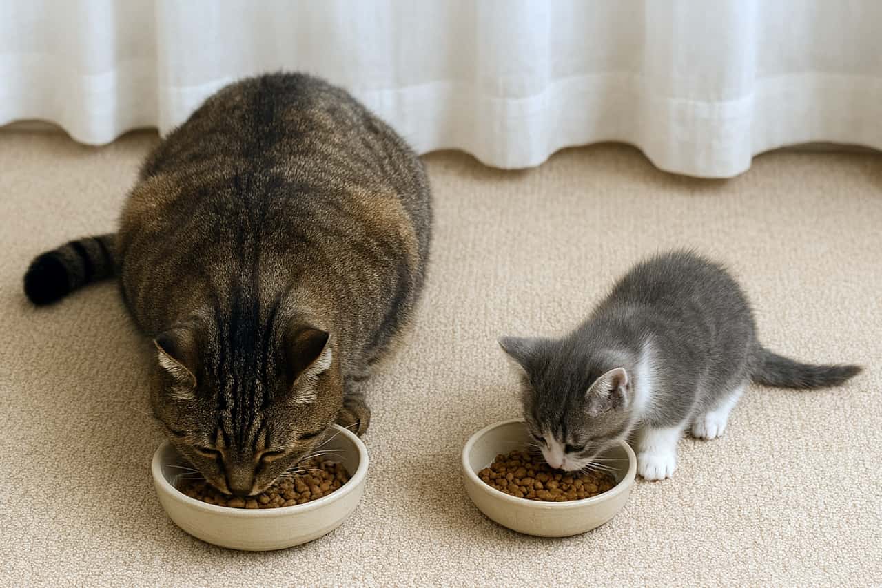 ベージュのカーペットの上で、成猫と子猫が並んで食事をしている穏やかな室内風景。左の大きな猫は丸みのある体と太いしっぽを持ち、右の小さな子猫は灰色と白の柔らかな毛並み。それぞれの器に顔を寄せて、静かに食べている様子が優しい光に包まれている