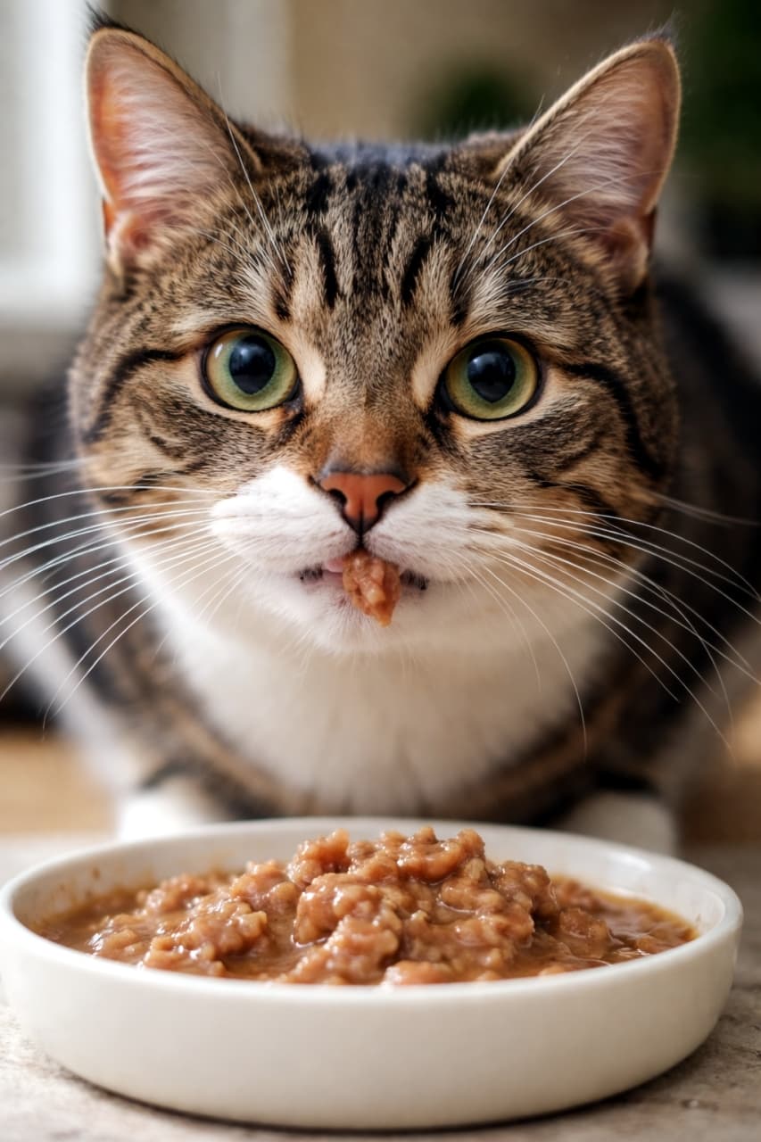 「もぐもぐタイムをどアップでお届け🔍✨お口についたごはんがたまらなくキュートでしょ？💕」Ultra-realistic high-quality photograph, close-up of a tabby and white cat eating wet food from a white shallow dish. The cat has a bit of food around its mouth. The background is blurred, highlighting the cat's adorable expression. ウェットフードを食べるキジトラ白猫の顔のクローズアップ写真。白い平らなお皿からフードを食べており、口の周りにフードが少しついている。背景は適度にぼやけており、猫の愛らしい表情が際立っている