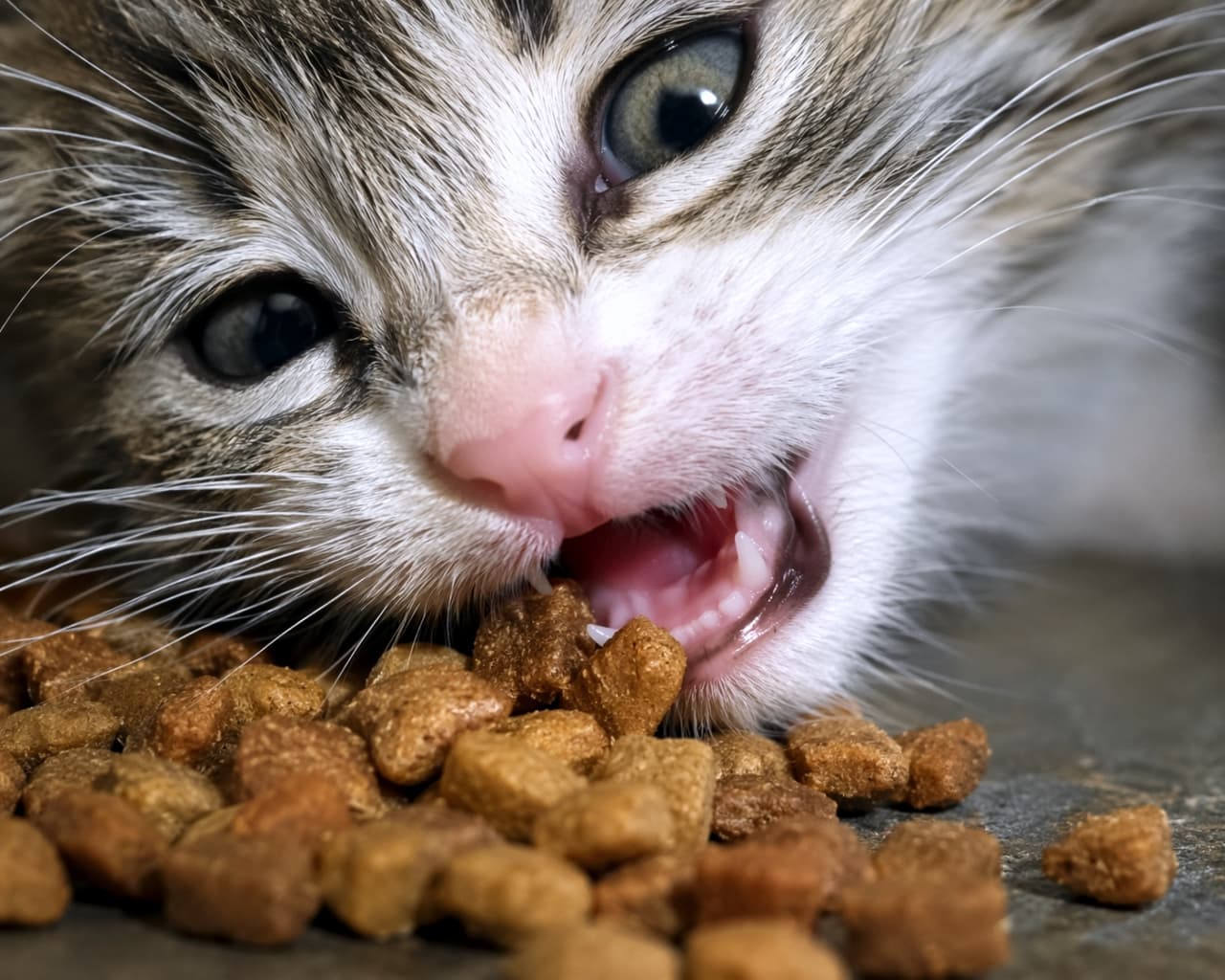 「ガブッ！😼🐾ご飯への情熱が伝わるド迫力の1枚✨小さな牙も愛おしいですよね💖 #猫のご飯 #食いしん坊猫」An ultra-realistic high-quality photograph showing an extreme close-up of a tabby and white kitten eating dry kibble, with tiny teeth visible and an intense expression. キジトラ白の子猫がドライフードを食べている口元の超クローズアップ写真。小さな牙が見え、夢中で食べている迫力のある表情が捉えられている