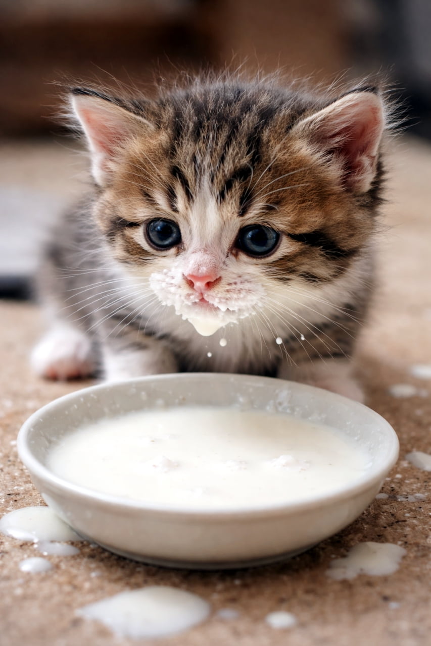「あ！見られちゃった！👀💦 お口にいっぱいミルクのおひげをつけながら、じっと見つめてくるウルウルの瞳にメロメロ😍」A cute tabby and white kitten with white milk smeared around its nose and mouth looking directly at the camera, sitting behind a small bowl of milk with splatters on the floor. 小さなお皿に入ったミルクを飲んだ後、鼻や口の周りをミルクで真っ白に汚したまま、くりくりの目でカメラを見つめるキジ白の子猫。床にもミルクが飛び散っています