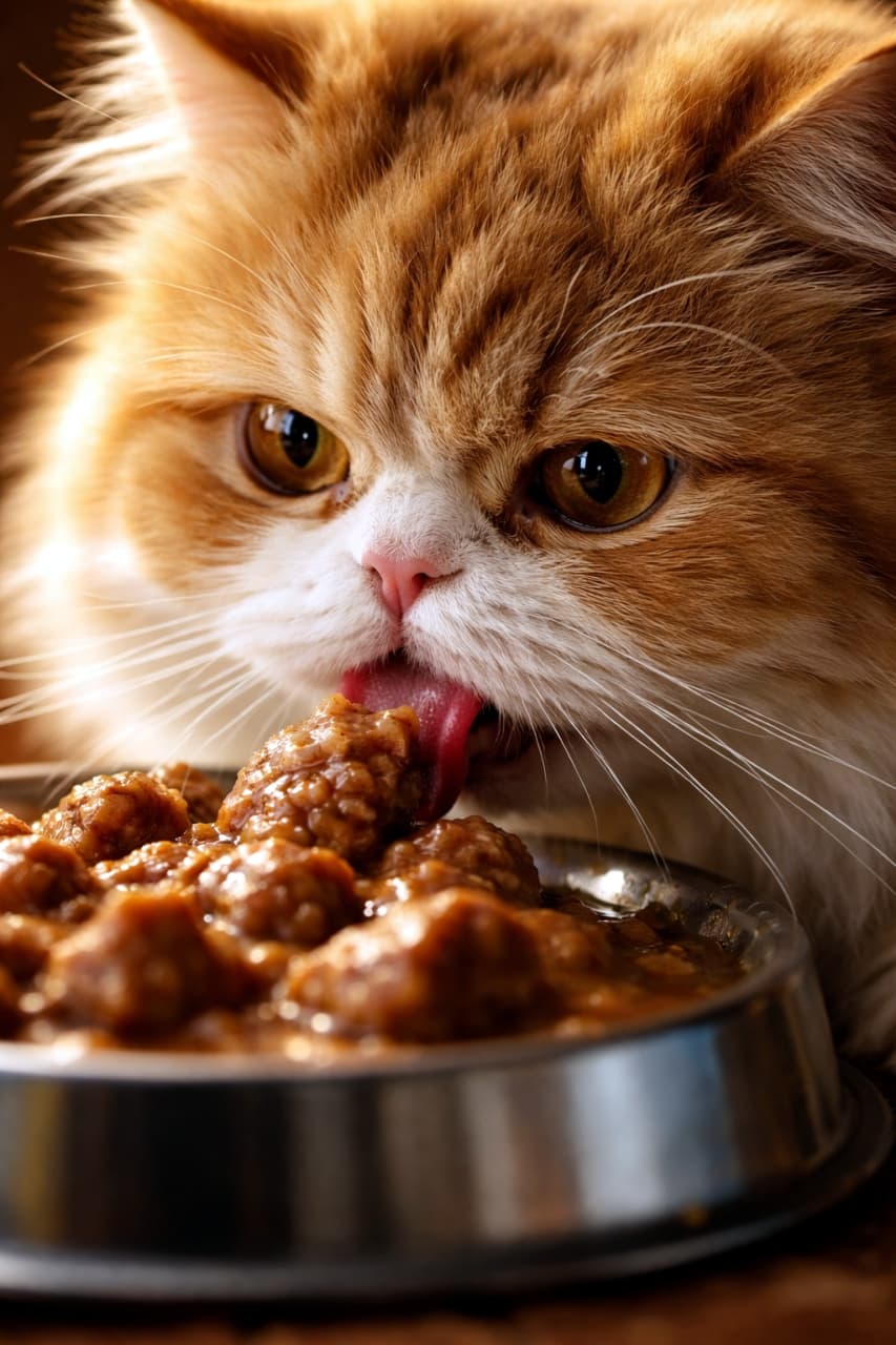 「お口の周りにソースがついちゃった🐈🐾でも、このお上品なペロリ顔がたまらない！」Ultra-realistic high-quality close-up photograph. A fluffy creamy and white Persian (Exotic Longhair) cat is delicately licking a meatball from a wet food meal in a stainless steel bowl. Its amber eyes look intent, and the texture of its soft fur is beautifully highlighted by warm light. クリーム色と白のふわふわした長毛を持つペルシャ猫が、お肉の団子が入ったウェットフードを上品にペロリと舐めています。つぶらなオレンジ色の瞳と、柔らかな光に照らされた毛並みの質感が美しく捉えられています