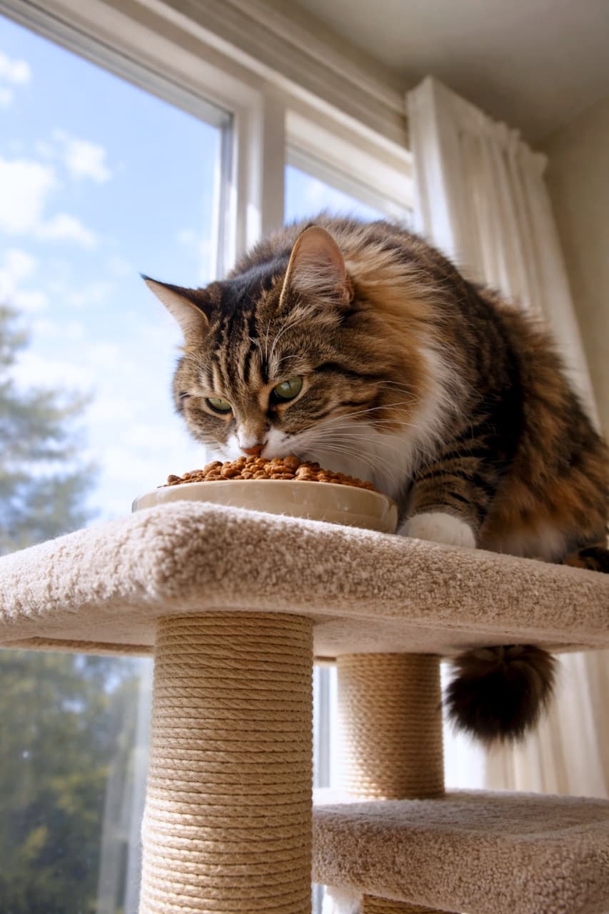 「ぽかぽか特等席でランチタイム☀️ふさふさ毛並みとカリカリに夢中な姿に癒されますね🐈🌿」Ultra-realistic high-quality photograph of a fluffy long-haired tabby and white cat eating dry food from a bowl on a cat tree. Bright natural light shines through the window, showing a blue sky in the background. 窓際のキャットタワーの上で、お皿に入ったドライフードを食べている長毛のキジトラ白猫の写真。窓からは青空が見え、明るい自然光が猫のふさふさの毛並みを美しく照らしている