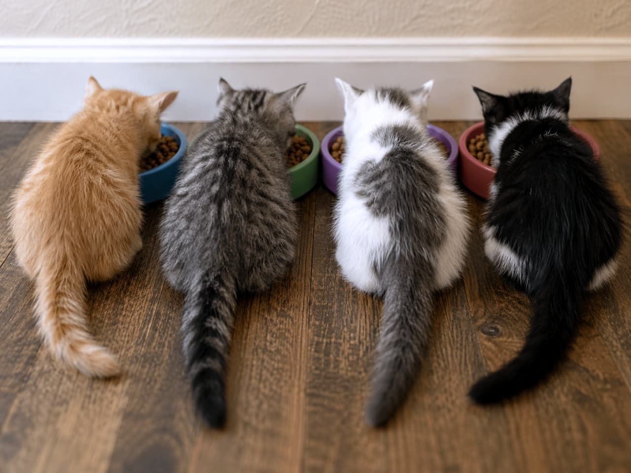 「みんなで並んでご飯タイム🍚✨夢中で食べる後ろ姿と小さな尻尾がたまらない可愛さ！😍 #子猫 #猫のいる暮らし」An ultra-realistic high-quality photograph of four kittens eating cat food from individual colorful bowls in a row, back view, on a wooden floor. 4匹の子猫（茶トラ、サバトラ、白黒など）が壁際で一列に並び、それぞれのカラフルなボウルからキャットフードを夢中で食べている後ろ姿。フローリングの床