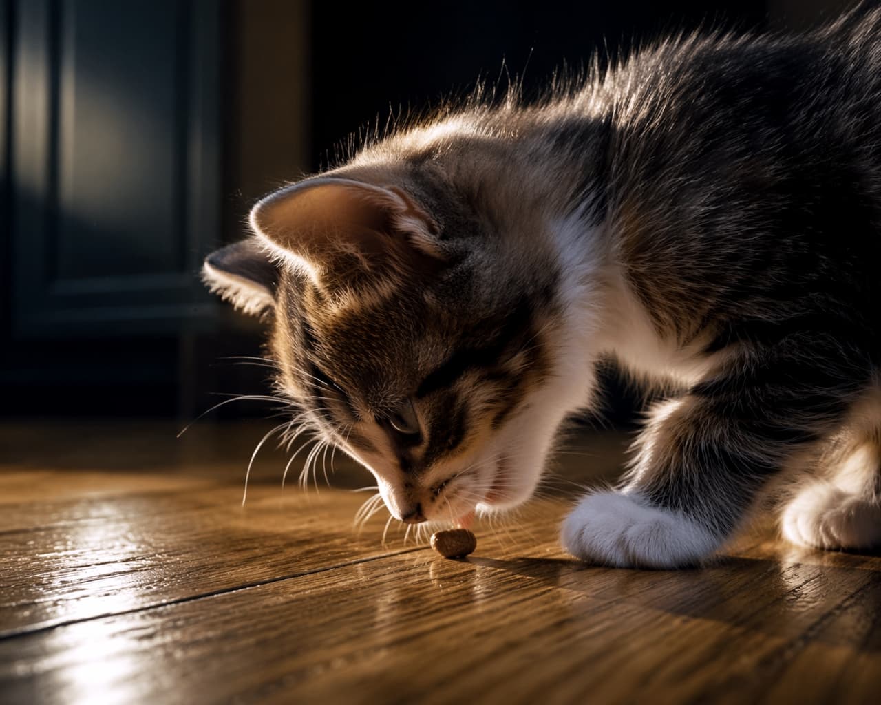 「あ、一粒みっけ！🐾✨光に照らされたフワフワの毛並みが神々しい…🥺💖 #猫のおやつ #子猫のいる生活」An ultra-realistic high-quality photograph of a tabby and white kitten eating a single kibble treat on a wooden floor, with dramatic backlighting highlighting its fur. フローリングの床に落ちた1粒のキャットフード（おやつ）を食べているキジトラ白の子猫。窓からの自然光が逆光気味に当たり、被写体の輪郭を美しく浮かび上がらせているドラマチックな写真