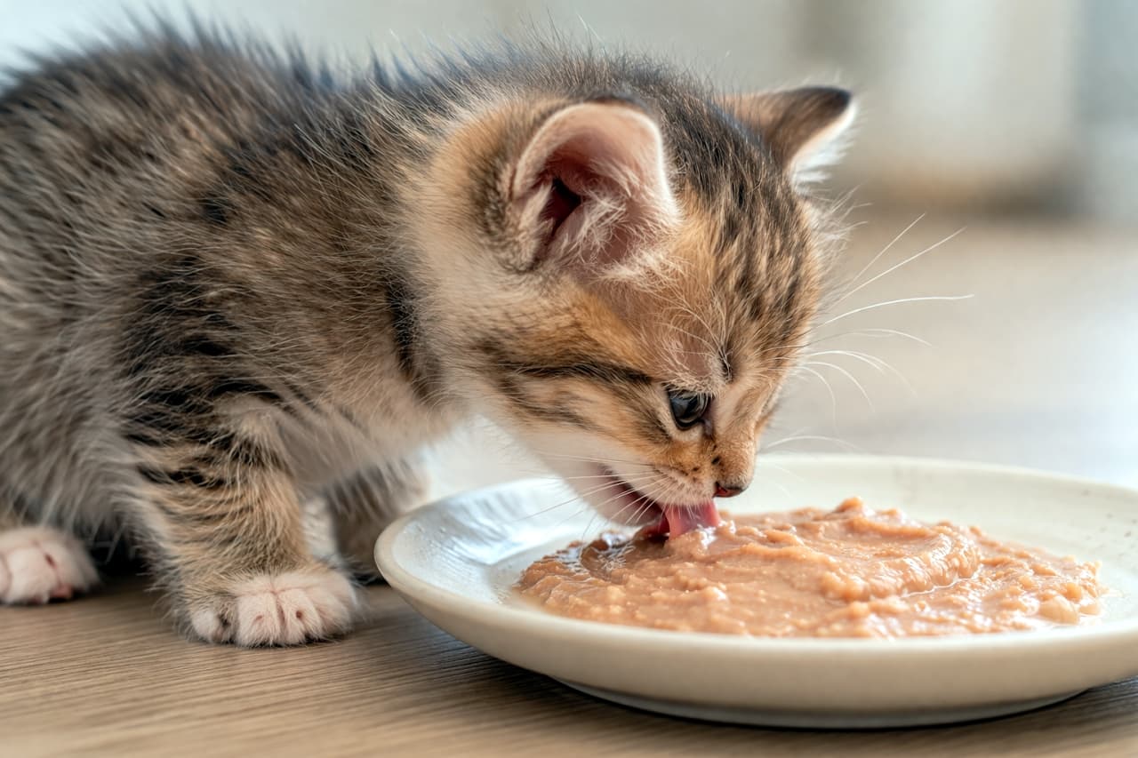 「もぐもぐタイム突入！🐟🍽️ 初めてのごはんかな？小さなお口で一生懸命に食べる姿がたまらなく愛おしいね😻✨」A close-up profile shot of a cute tabby kitten eagerly eating wet pâté cat food from a shallow white ceramic plate on a wooden floor. 木の床に置かれた白い浅めのお皿から、ペースト状のウェットフードを一生懸命に舐めて食べる、可愛らしいキジトラ子猫の横顔のアップ