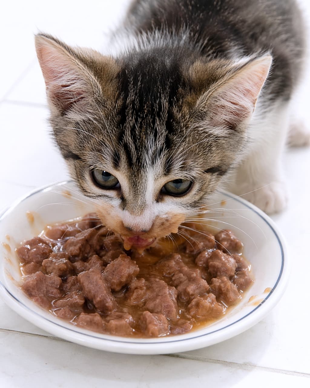 「お口の周り、汚れちゃってるよ〜🤭💕ウェットフードに夢中な姿が愛くるしい！✨ #猫缶 #猫のご飯」An ultra-realistic high-quality photograph of a tabby and white kitten eagerly eating wet food chunks with gravy from a white plate, with a messy mouth. 白いお皿に盛られたチャンクタイプのウェットフードを食べているキジトラ白の子猫。お口の周りに少しソースをつけながら夢中で食べている様子