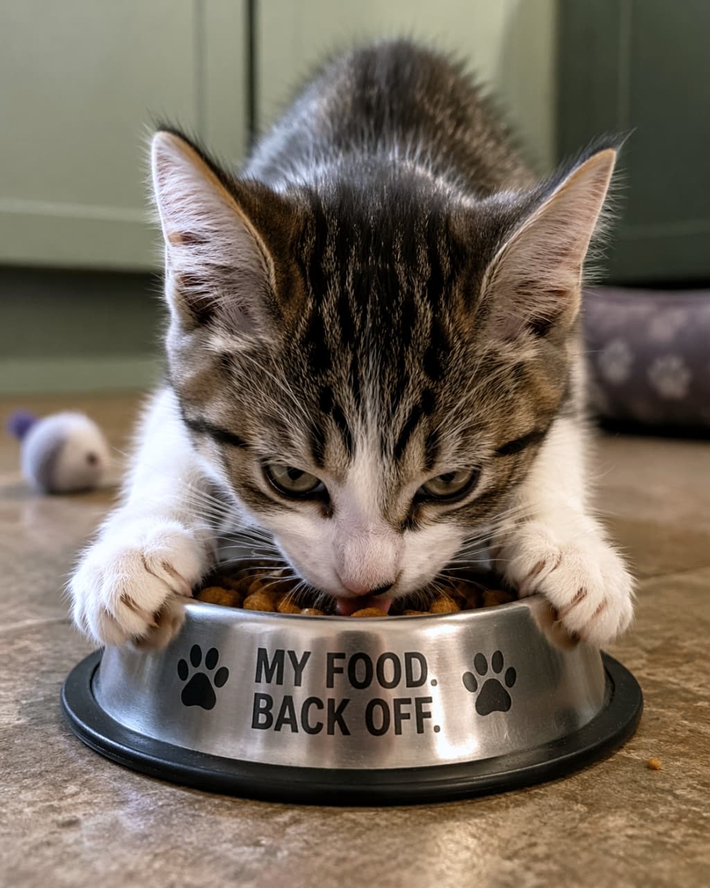「ボクのご飯だにゃ！😾💦必死に抱え込むおててと真剣な眼差しがたまらない😂💖 #食いしん坊 #猫のいる暮らし」An ultra-realistic high-quality photograph of a tabby and white kitten eagerly eating dry food while protectively holding a stainless steel bowl that says "MY FOOD. BACK OFF." 「MY FOOD. BACK OFF.」と印字されたステンレス製ボウルの縁に両前足をかけ、鋭い目つきでドライフードを食べているキジトラ白の子猫