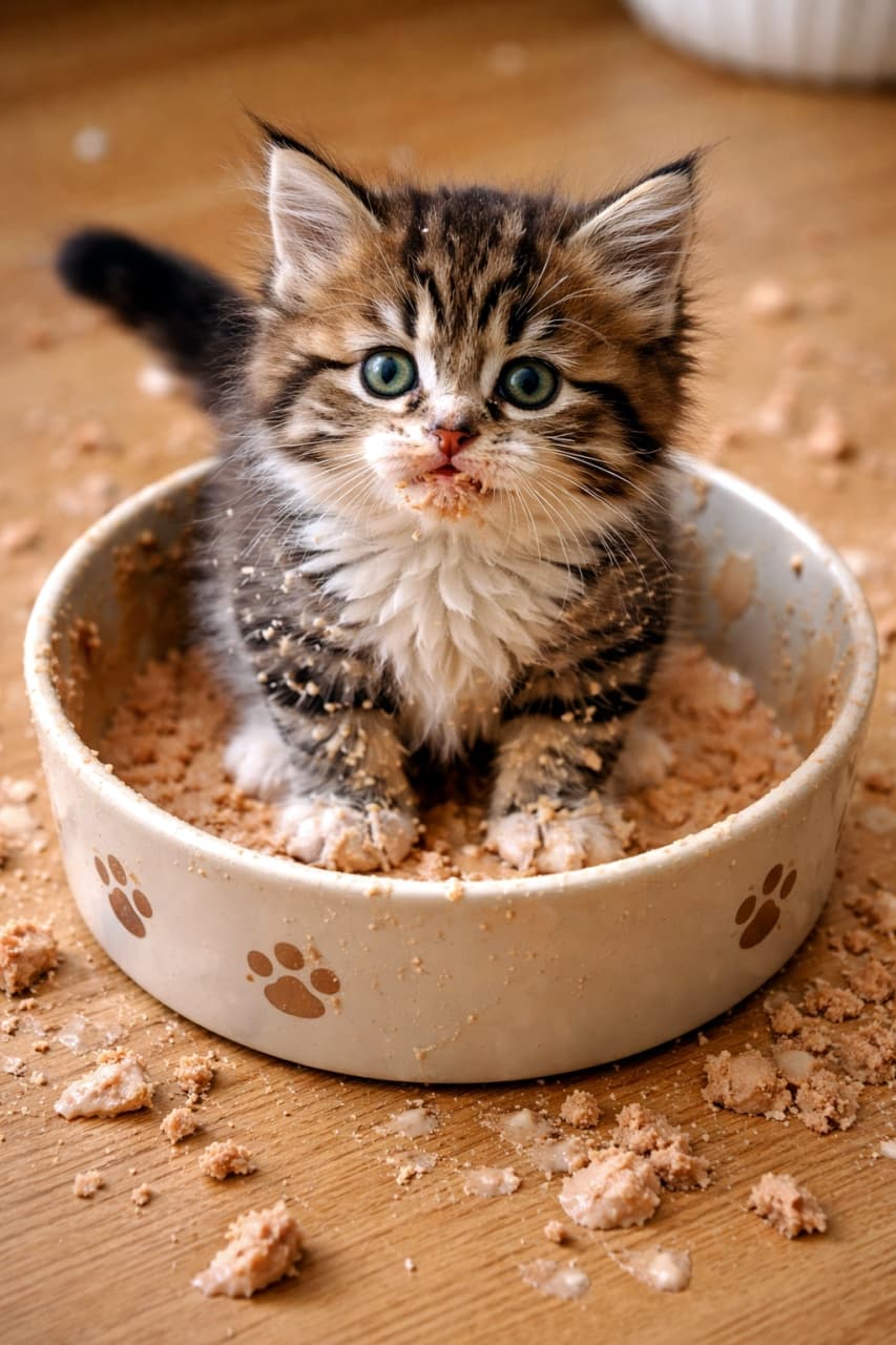 「ご飯が美味しすぎてお皿に入っちゃった！🍚🐾お顔も手足もご飯だらけの食いしん坊にゃんこ、可愛すぎて許しちゃう💖」A fluffy brown tabby kitten sitting directly inside a ceramic food bowl, with wet cat food crumbs scattered around and on its face, looking innocently at the camera. 陶器のフードボウルの中にすっぽりと座り込み、顔や周りにキャットフードの食べかすをたくさんつけたまま、無邪気にカメラを見つめるふわふわのキジトラ子猫