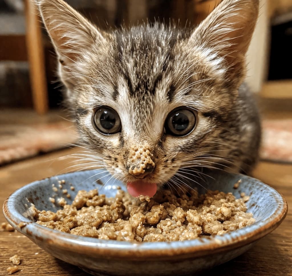 「ぺろっ👅とお茶目な舌出しショット📸鼻の頭にご飯つけちゃって、一生懸命食べてる姿がたまらなくキュート！😻🍽️」Close-up of a cute tabby kitten eating wet food from a blue ceramic bowl, with its tiny pink tongue sticking out and food smeared on its nose. 青い陶器のボウルからウェットフードを食べているキジトラの子猫のクローズアップ。小さくてピンク色の舌を出しており、鼻先にはご飯がたくさんついている