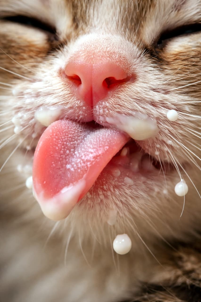 「ミルク美味しすぎたにゃ〜！👅🍼 お口の周りもおヒゲもミルクだらけになっちゃった、幸せいっぱいのお顔にキュン💘」An extreme close-up of a kitten's face with its eyes happily closed and pink tongue sticking out, with drops of white milk scattered all over its mouth and whiskers. 目を細めてペロッとピンクの舌を出した子猫の顔の超ドアップ。口の周りやヒゲには、白いミルクのしずくがいっぱい付いています