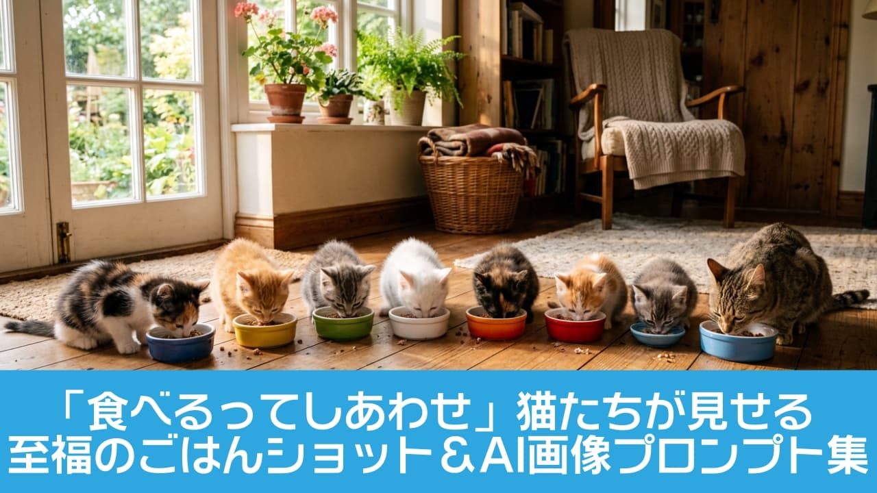 「窓辺の明るい部屋で、仲良く並んで食べる子猫たち🐾☀️ みんな一生懸命で可愛すぎる💕」A brightly lit room with wooden flooring and natural light from a large window, showing an adult tabby cat and seven kittens (calico, ginger, tabby, white, black) lined up and enjoying meals from various colorful bowls (blue, yellow, green, white, orange, red). Houseplants, bookshelves, and a chair are in the background. 木製のフローリングが敷かれた、窓から自然光が差し込む明るい部屋で、1匹の大人猫（キジトラ）と7匹の様々な毛色の子猫たち（三毛、茶、キジトラ、白、黒）が、横一列に並んでカラフルなボウル（青、黄、緑、白、オレンジ、赤）から食事を楽しんでいる。背景には鉢植えや本棚、椅子が見え、落ち着いた雰囲気