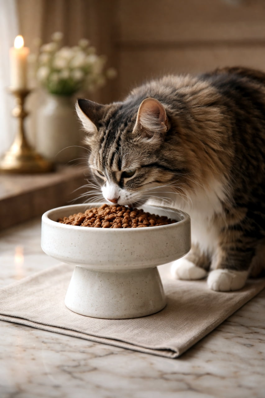 「落ち着いた雰囲気で、優雅なディナータイム🐈🍷お気に入りのボウルで食べるご飯は最高だニャ」Ultra-realistic high-quality photograph. A fluffy longhair tabby cat is eating dry food from an elegant, elevated white ceramic bowl on a burlap mat. The scene is in a classic, stonewalled setting with a brass candle holder and potted plants in the background. 落ち着いたアンティーク調の室内で、毛並みの豊かな長毛キジトラ猫が、白い高脚のボウルからドライフードを上品に食べています。下には麻のランチョンマットが敷かれ、背景にはキャンドルホルダーと観葉植物が飾られています