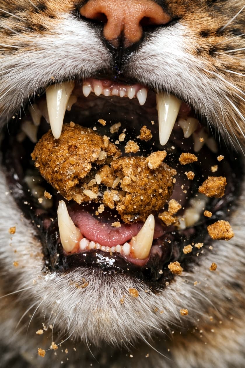 「ガリッ！カリカリが砕ける瞬間を激写📸💥ワイルドなキバと迫力満点の食べっぷりをお届け😼🔥」Ultra-realistic high-quality macro photograph of a cat's mouth wide open, biting into dry cat food. Sharp teeth are visible, and crumbs of the kibble are flying dramatically in the air around its mouth. 猫の口元の超マクロ写真。大きく開けた口と鋭い牙が見え、噛み砕かれたドライフードの破片がダイナミックに空中に飛び散っている瞬間を捉えている