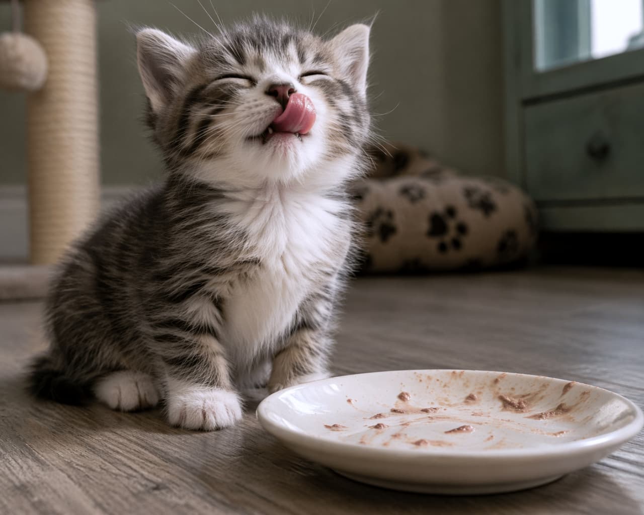 「完食〜っ！😋✨お腹いっぱいで大満足のお顔が可愛すぎる💖今日も元気に育ってね🌱 #子猫 #ペロリ」An ultra-realistic high-quality photograph of a satisfied tabby and white kitten licking its lips with eyes closed, sitting behind an empty white plate on a wooden floor. 空になった白いお皿の後ろで、目を細めて鼻の頭を舌でペロリと舐めている、満足そうなキジトラ白の子猫。背景にはキャットタワーやベッドが見える