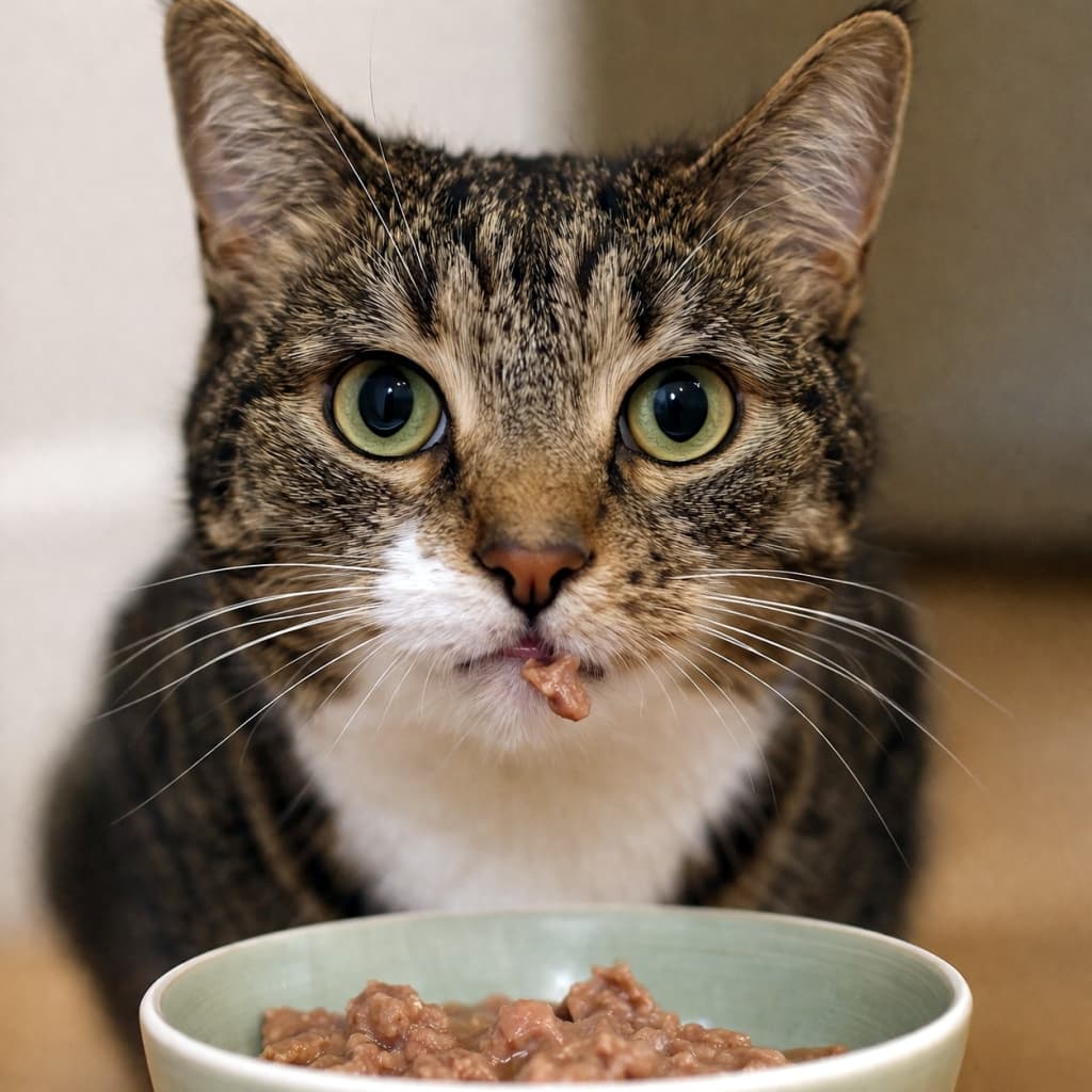 「「あーん、おいしいニャ🐾」カメラ目線でお食事中のかわいい猫ちゃんをご紹介！ウェットフードに夢中です🤤」Ultra-realistic high-quality photograph of a cute tabby and white cat eating wet food from a light green bowl, front view. The cat is looking directly at the camera with large round eyes, with a small piece of food hanging from its mouth. ベージュのボウルに入ったウェットフードを食べているキジトラ白猫の正面からの写真。口元から少しフードがはみ出しており、くりくりとした大きな目でまっすぐカメラを見つめている