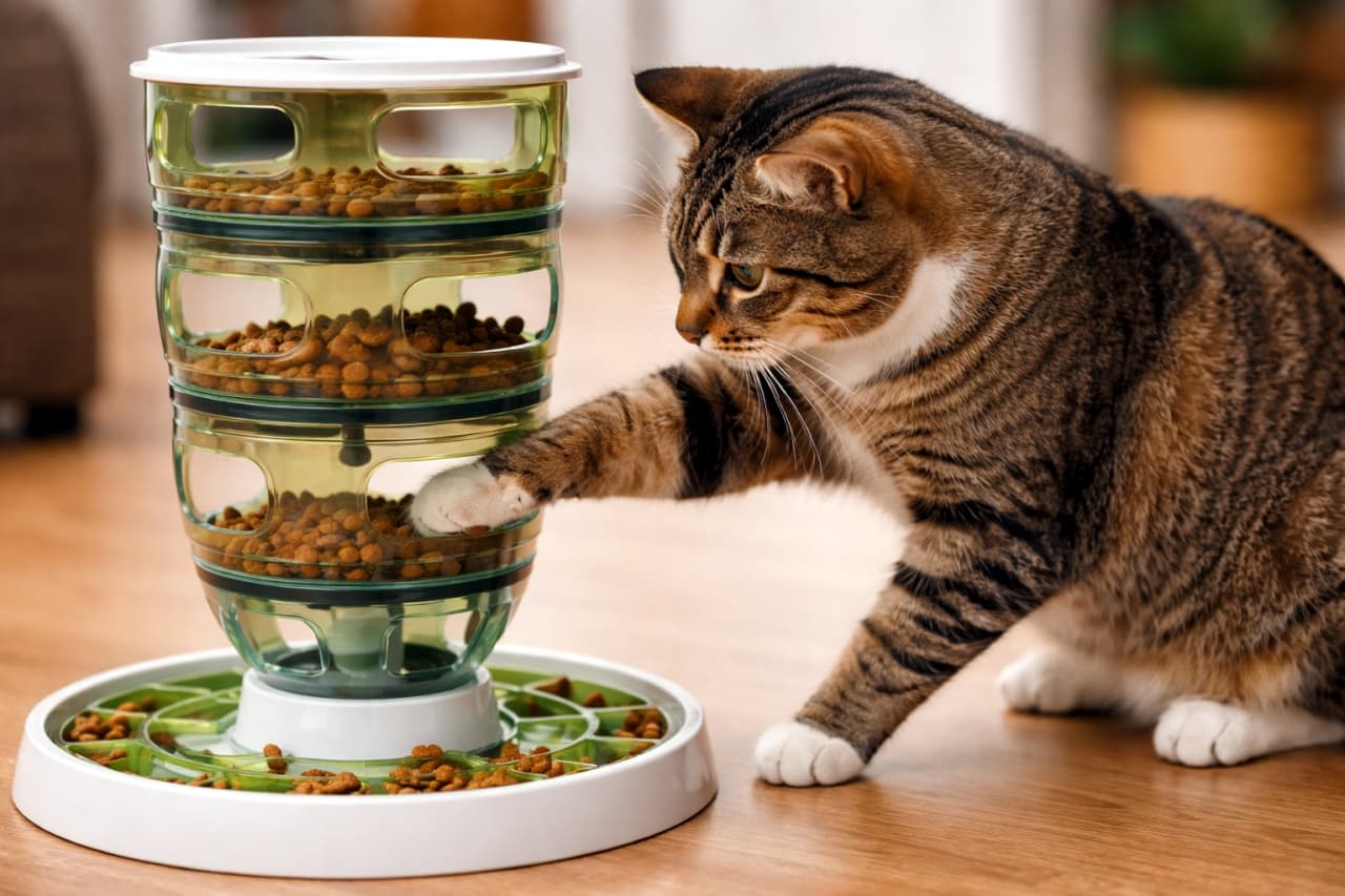 「「こうやって取るニャ！」知育おもちゃに挑戦中の賢い猫ちゃん🧠✨おててが可愛すぎます🐾」Ultra-realistic high-quality photograph of a tabby and white cat using its paw to get dry food out of a green multi-tiered puzzle feeder toy. The cat is focused on the task, shot from a side angle. タワー型の知育玩具（パズルフィーダー）から、前足を伸ばしてドライフードを取り出そうとしているキジトラ白猫の写真。真剣な横顔と、穴に入れた愛らしい前足が特徴的