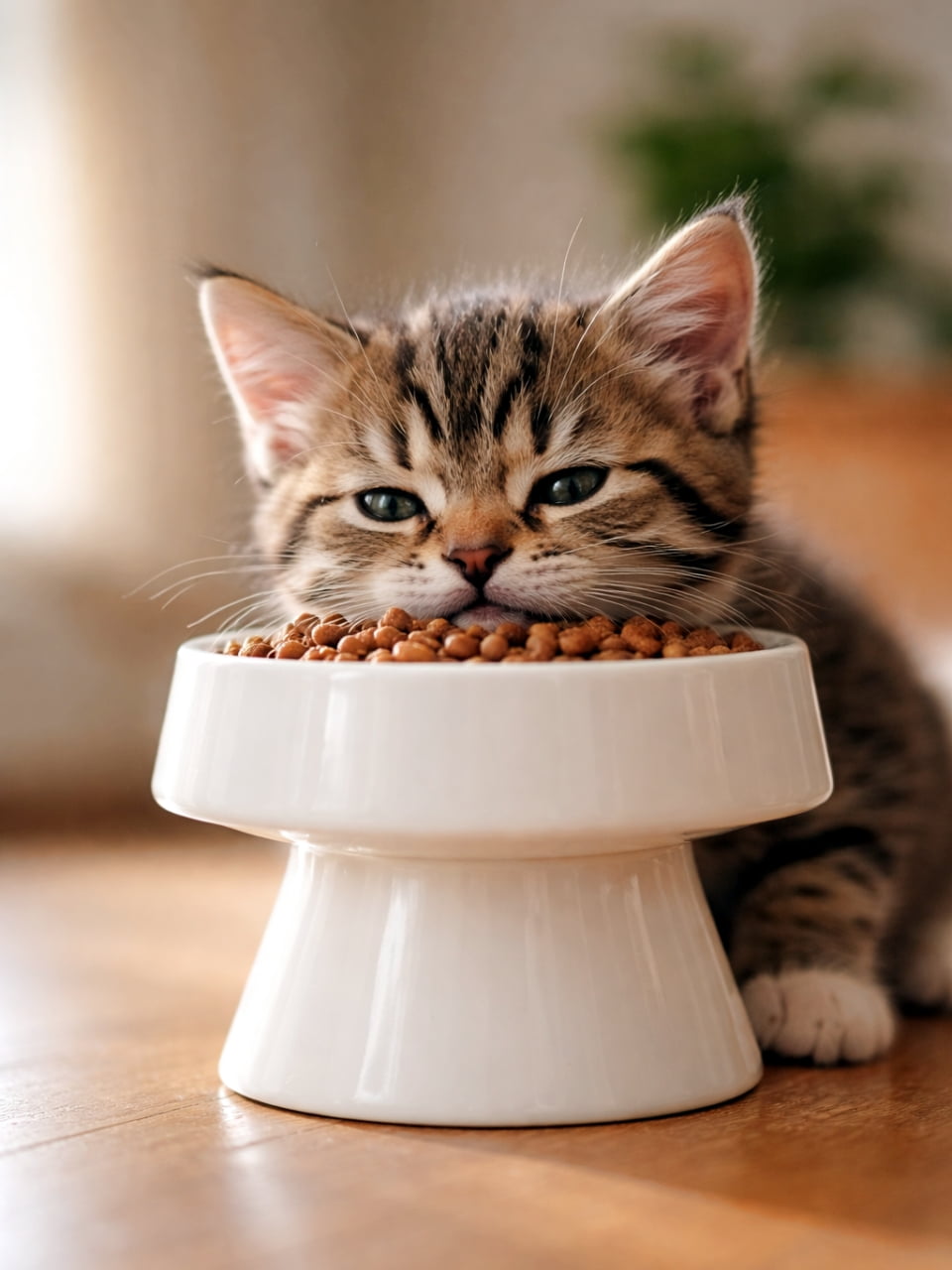 「脚付きの白いボウルでお食事中のキジトラちゃん🐈🐾ウトウトしながらカリカリを食べる姿がたまらなくキュートで胸キュン間違いなし😍」A cute tabby kitten eating dry cat food from an elevated white ceramic bowl on a wooden floor, resting its chin on the edge while looking slightly sleepy. 木製の床に置かれた高さのある白い陶器のフードボウルから、フチにあごを乗せ、少し眠たそうな満足げな表情でドライフードを食べるキジトラの子猫