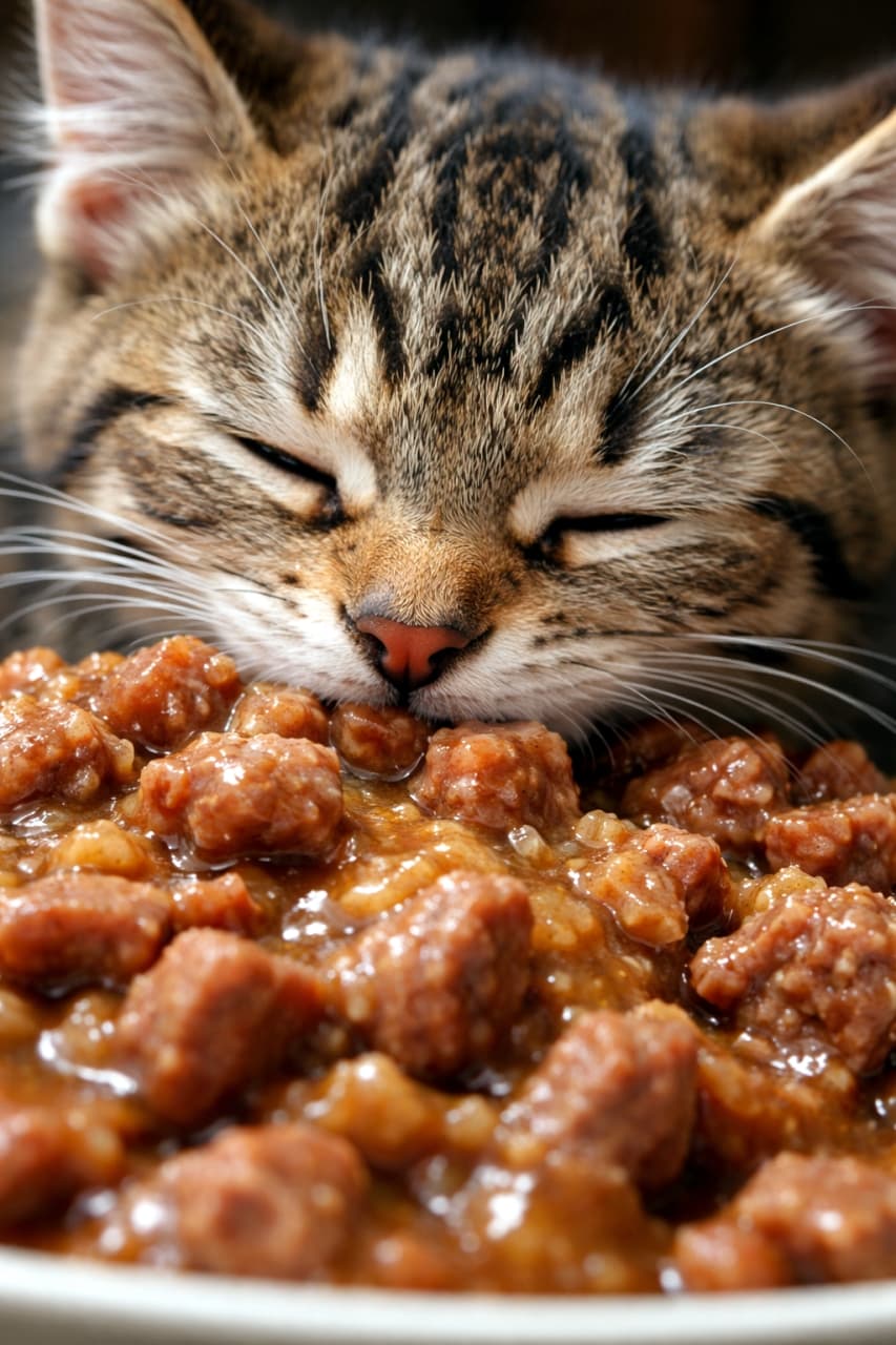 「大好きなお肉たっぷりのごはんに大満足😻✨目を閉じて至福の表情でモグモグするお顔のドアップに、見ているこっちまで癒やされちゃう💕」An extreme close-up of a tabby kitten with its eyes closed in pure bliss while burying its face in chunky wet cat food in gravy. お肉とソースたっぷりのウェットフードに顔をうずめ、目をギュッと閉じて至福の表情を浮かべながら夢中で食事をしているキジトラの子猫のドアップ