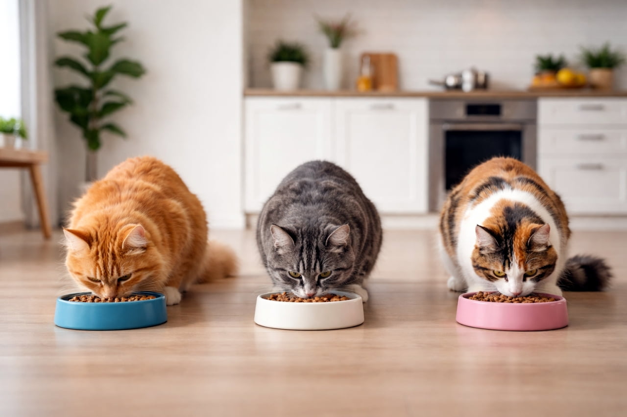 「3匹並んでいただきます！🍚🐈🐈🐈それぞれのボウルの色も可愛くて、癒されちゃうね💕」Ultra-realistic high-quality photograph. Three cats – an orange tabby, a gray tabby, and a calico – are lined up on a light wood floor in a modern, clean kitchen, each eating dry food from its own colored bowl (blue, white, and pink). The background shows white cabinets and green plants. 清潔感のあるモダンなキッチンで、3匹の猫（左から茶トラ、サバトラ、三毛）が一列に並び、それぞれの色のボウル（青、白、ピンク）からドライフードを食べています。奥には観葉植物やキッチン家電が見え、温かみのある家庭の風景です