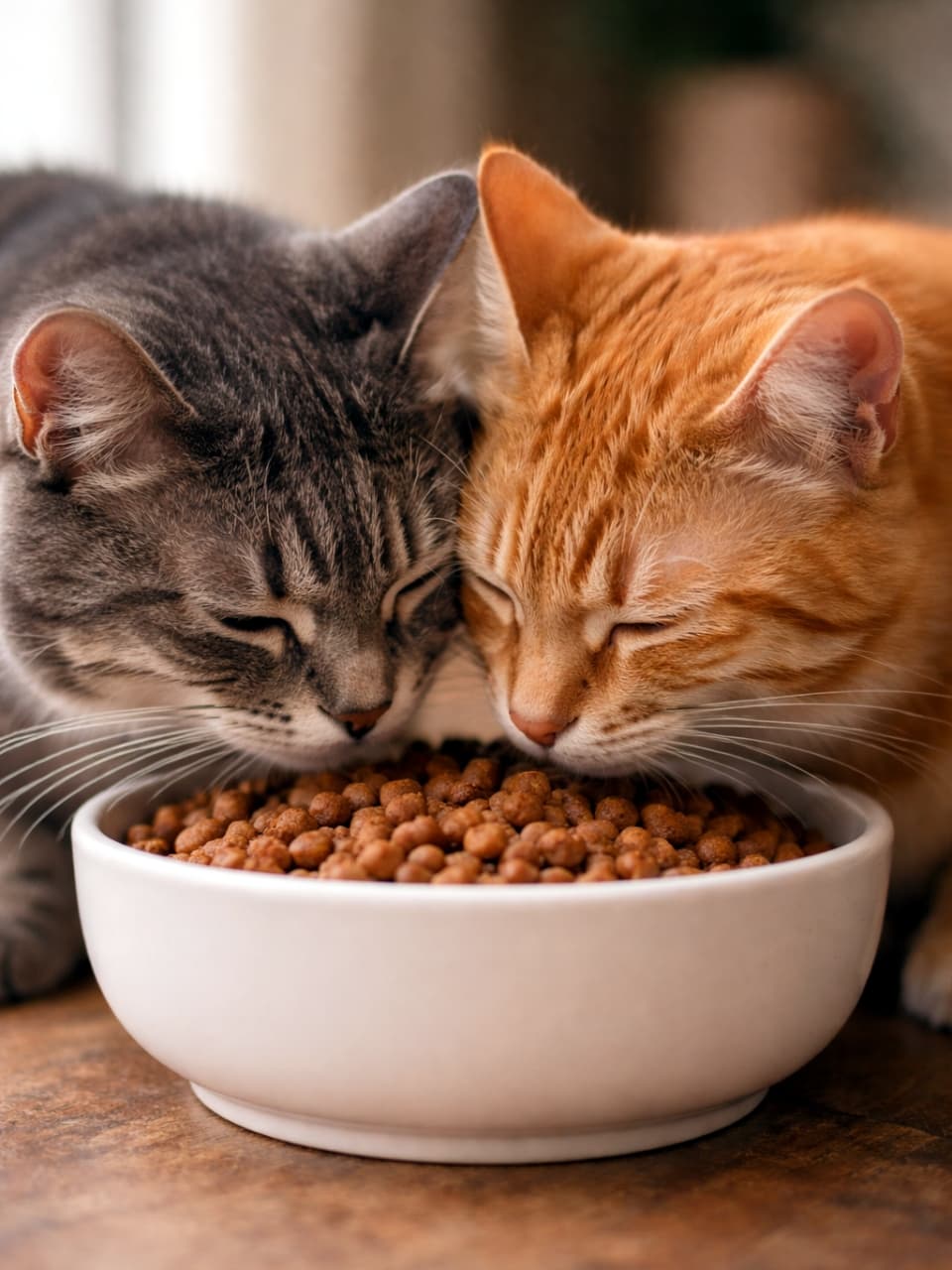「仲良く並んでいただきまーす🍽️💕サバトラちゃんと茶トラちゃんのお食事風景にほっこり間違いなし🥰」Ultra-realistic high-quality photograph of a silver tabby cat and an orange tabby cat eating dry food together from a single white bowl. They have their heads close together and eyes closed, enjoying the meal. 一つの白いボウルに入ったドライフードを、顔を寄せ合って仲良く食べているサバトラ猫と茶トラ猫の写真。目を細めて美味しそうに食べる2匹の姿が微笑ましい