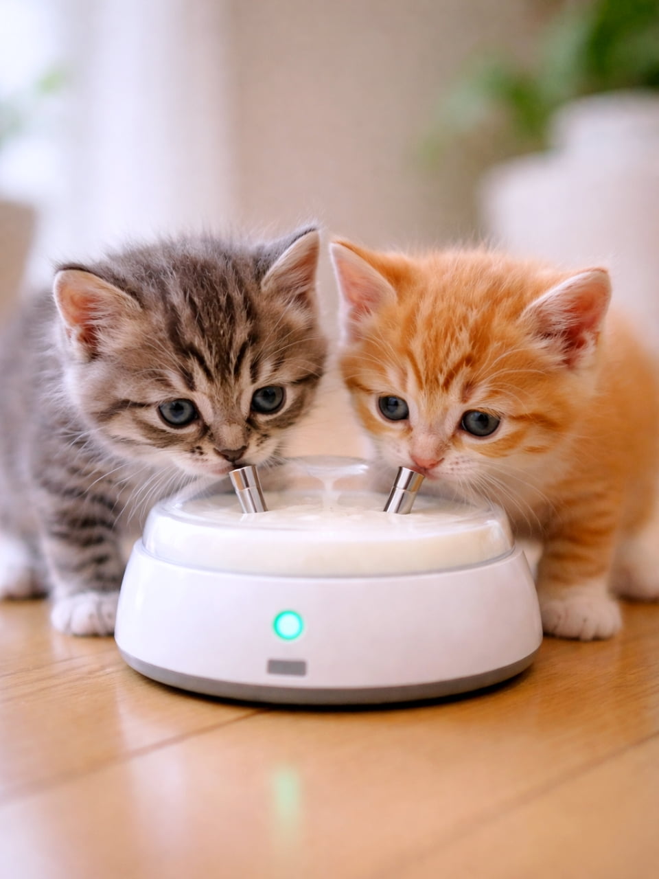 「最新式のミルクサーバーに興味津々！🤖🥛 キジトラちゃんと茶トラちゃん、2匹並んで上手に飲めるかな？🐾💕」Two fluffy kittens, one tabby and one orange, drinking milk together from a modern automatic pet fountain dispenser with metal spouts. 金属製のノズルがついたモダンな自動給水器に顔を寄せ合い、仲良く並んでミルクを飲む、キジトラと茶トラの二匹の子猫