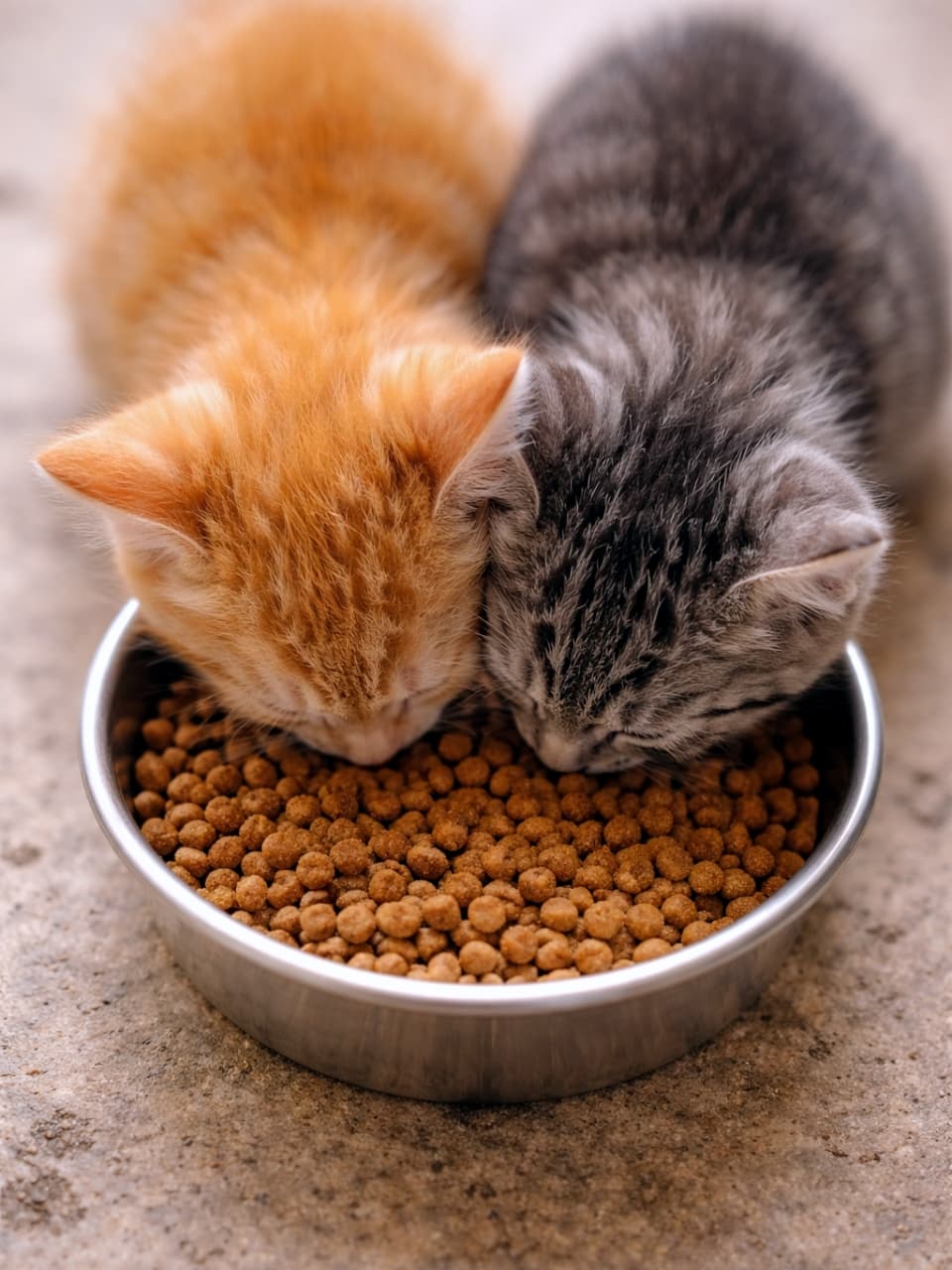 「ステンレスのボウルに顔をくっつけて、夢中でカリカリを食べる2匹の子猫たち🐱🐾一緒のごはんはおいしさも2倍だね💖」A top-down view of an orange kitten and a tabby kitten eating dry kibble side-by-side from a round stainless steel bowl on a stone-like surface. 石のような質感の床に置かれたステンレス製の丸いボウルから、顔を寄せ合ってドライフードを食べる茶トラとキジトラの子猫の俯瞰写真