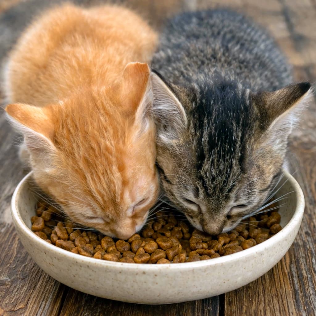 「茶トラちゃんとキジトラちゃんが仲良くカリカリごはん中😋💕木の温もりを感じるテーブルで、お腹いっぱい食べて大きくなってね✨」Two adorable kittens, one orange and one tabby, eating dry cat food together from a shallow, speckled beige ceramic bowl on a rustic wooden table. 木のテーブルの上に置かれたベージュの平皿から、ぴったりとくっついて仲良くドライフードを食べている茶トラとキジトラの2匹の子猫