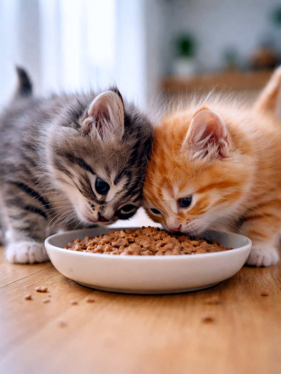 「仲良しこよしで一緒にもぐもぐタイム🐱🐱💕茶トラちゃんとキジトラちゃん、並んで食べる姿が尊すぎる〜！✨」Two adorable kittens, one grey tabby and one orange tabby, eating wet food together from a single white bowl on a wooden floor, with their heads close to each other. 木の床に置かれた一つの白いボウルから、頭を寄せ合って一緒にウェットフードを食べている、グレーのキジトラと茶トラの2匹の可愛らしい子猫たち