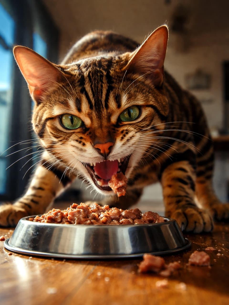 「食べ方はワイルドそのもの！🐯🔥ハンターの血が騒ぐ、ド迫力の一枚だニャン！」Ultra-realistic high-quality photograph from a low angle. A wild-looking Bengal cat with sharp fangs and green eyes is intensely eating wet food from a stainless steel bowl. A chunk of food is in its mouth, and its expression is ferocious. Scattered wet food is on the wooden floor. 鋭い牙と緑色の瞳を持つベンガル猫が、ステンレス製のボウルからウェットフードをワイルドに食べています。口には食べこぼしが付き、威嚇するような迫力のある表情です。木の床の質感と、窓から差し込む光のコントラストが印象的です