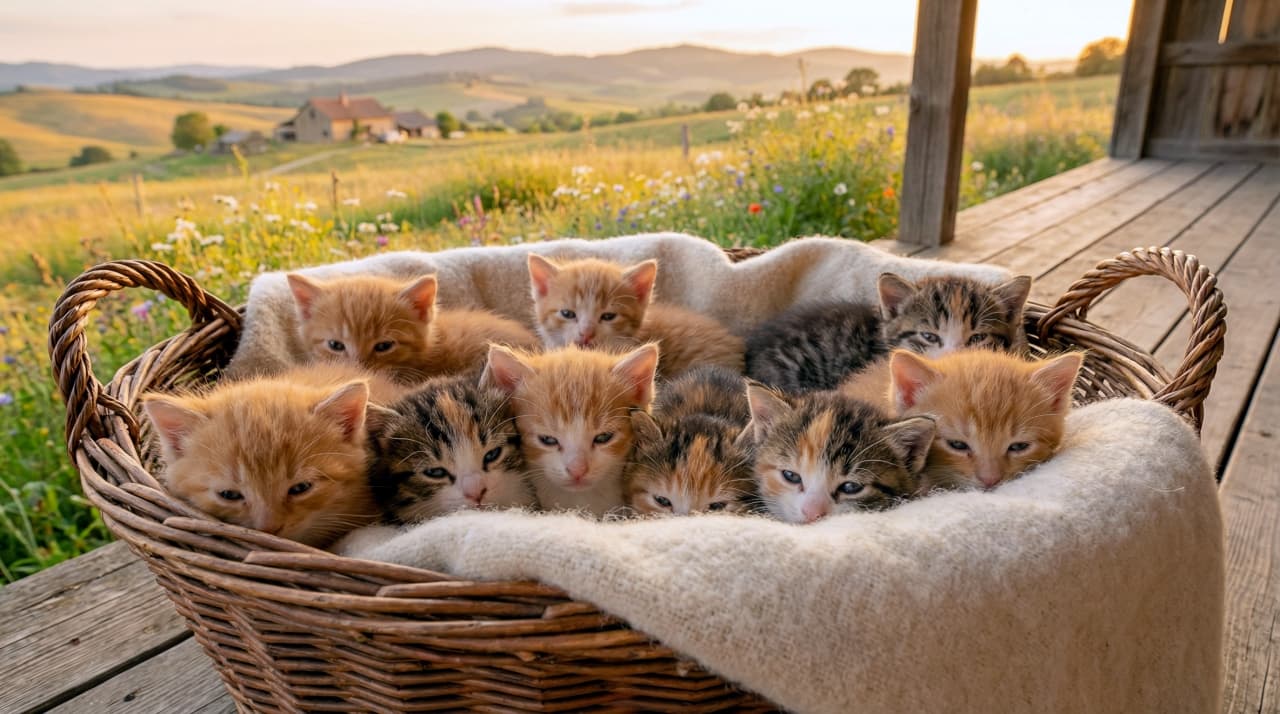 「夕暮れのデッキ、バスケットいっぱいのモフモフたち! 丘を眺めてウトウト...天国ですね🐾✨」A wide-angle, detailed photograph taken during the golden hour sunset. A large woven wicker basket with handles sits on a wooden deck in the foreground, filled with a white blanket and approximately nine kittens. The kittens, a mix of orange tabbies, calicos, and grey tabbies, are sleeping and half-asleep, with some peering over the rim. The background features a stunning, expansive rolling hill landscape with a small farmhouse and wild flowers under a warm sunset sky. The light is warm and soft. ゴールデンアワーの夕暮れ時に撮影された広角の詳細な写真。手前の木製デッキの上に、白い毛布が敷かれた大きな籐の編み込みバスケット(持ち手付き)が置かれ、中には約9匹の子猫がいる。茶トラ、三毛、グレーキジが混ざった子猫たちは、寝たり半眼で起きていたりし、数匹がバスケットの縁から覗いている。背景には、小さな農家と野花が広がる、暖かく柔らかな夕焼け空の下の、のどかな丘陵地帯が広がっている